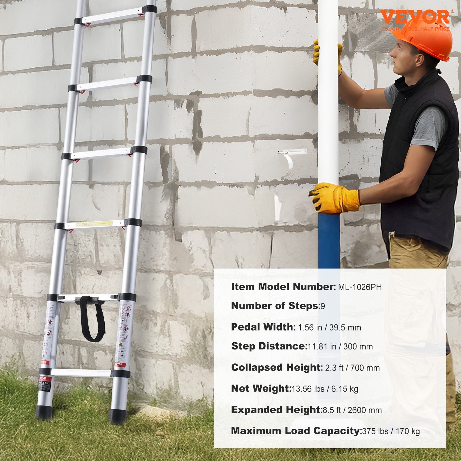Telescoping Ladder 8.5FT Aluminum Extension One-Button Retraction 375LBS