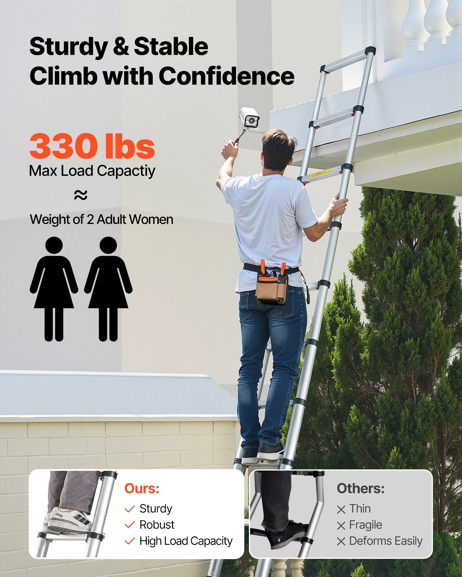 3.8m Telescoping Ladder, Aluminum Lightweight Collapsible Extension Ladder