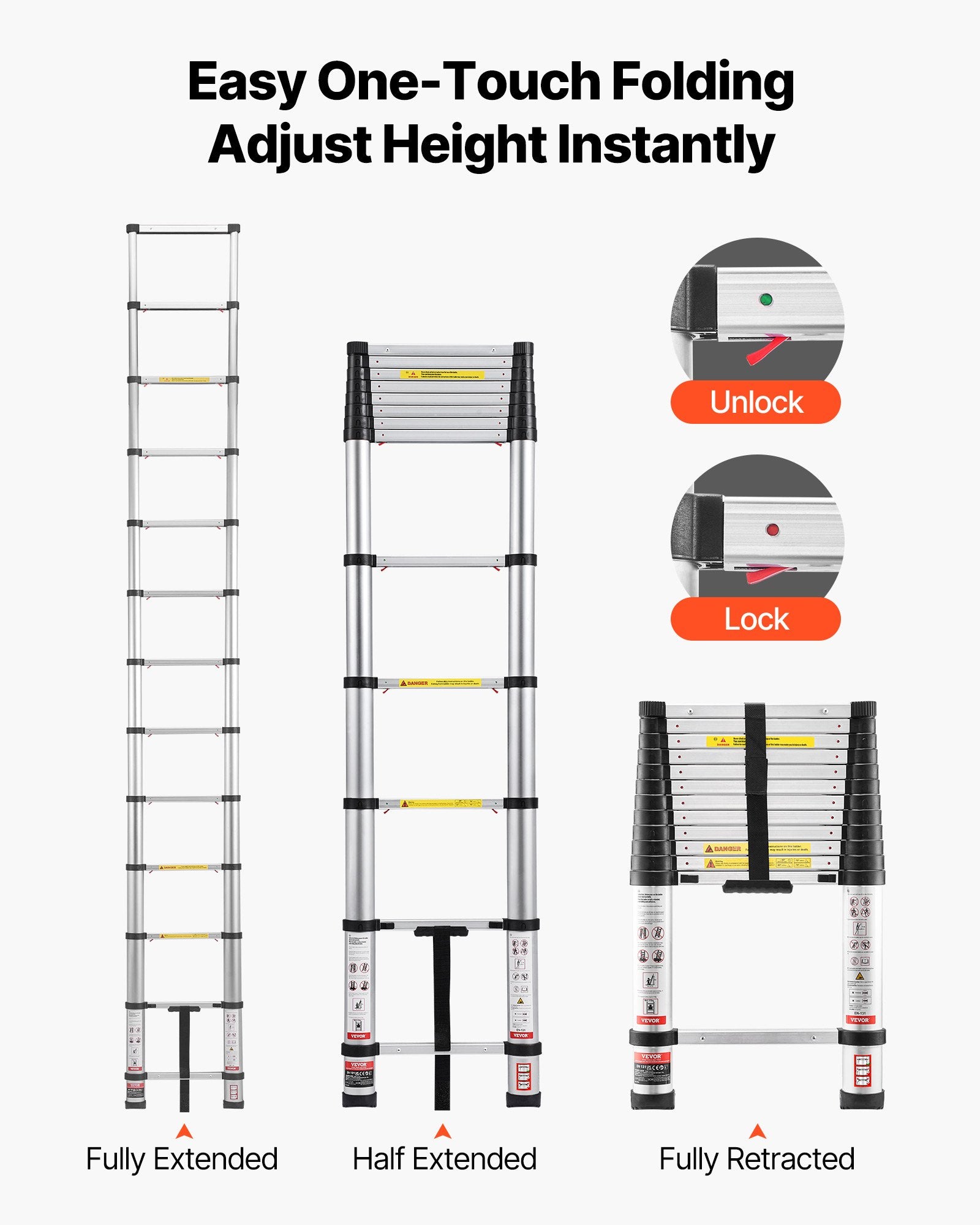 3.8m Telescoping Ladder, Aluminum Lightweight Collapsible Extension Ladder
