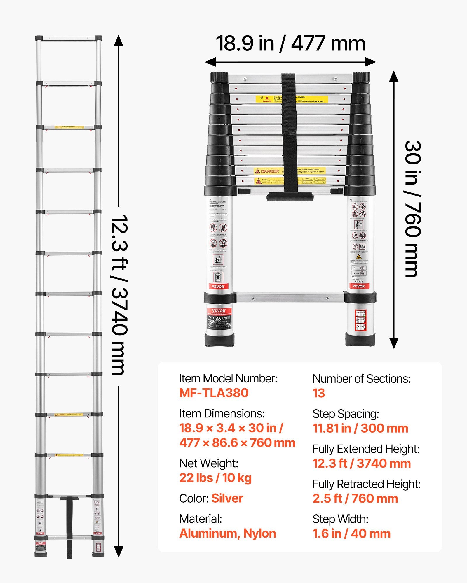 3.8m Telescoping Ladder, Aluminum Lightweight Collapsible Extension Ladder