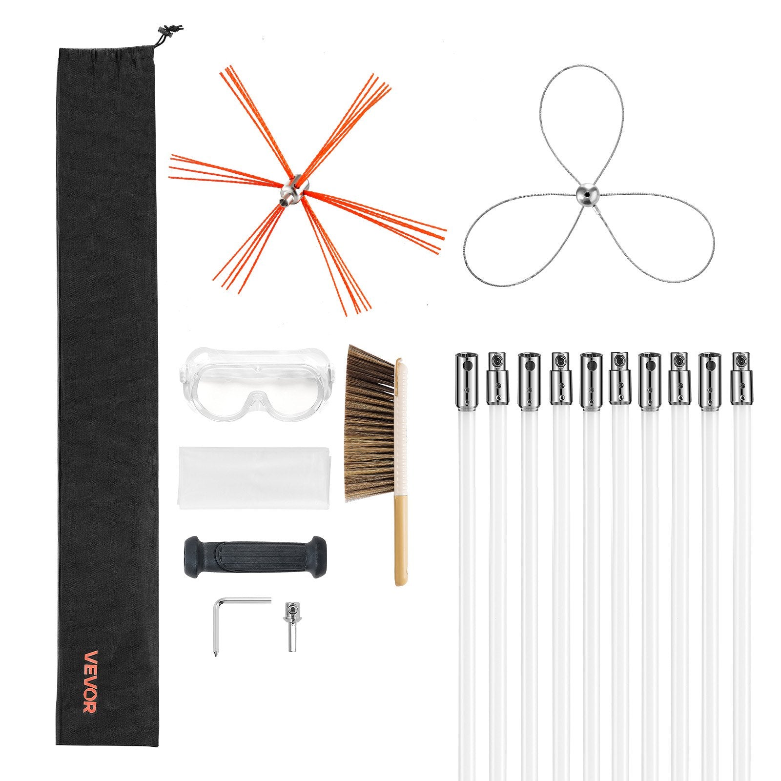 Chimney Sweep Kit 10m Extendable Brush Dual Heads Goggles Fireplace Cleaning