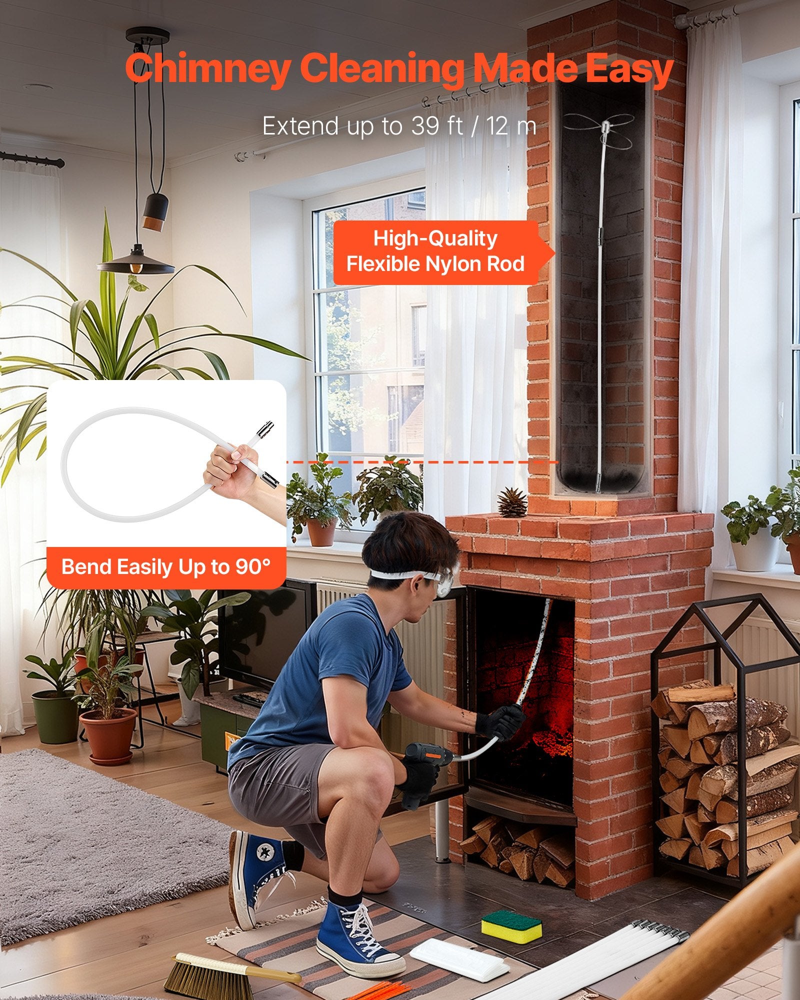 Chimney Sweep Kit 12m Extendable Dual Brush Heads Goggles Fireplace Cleaning