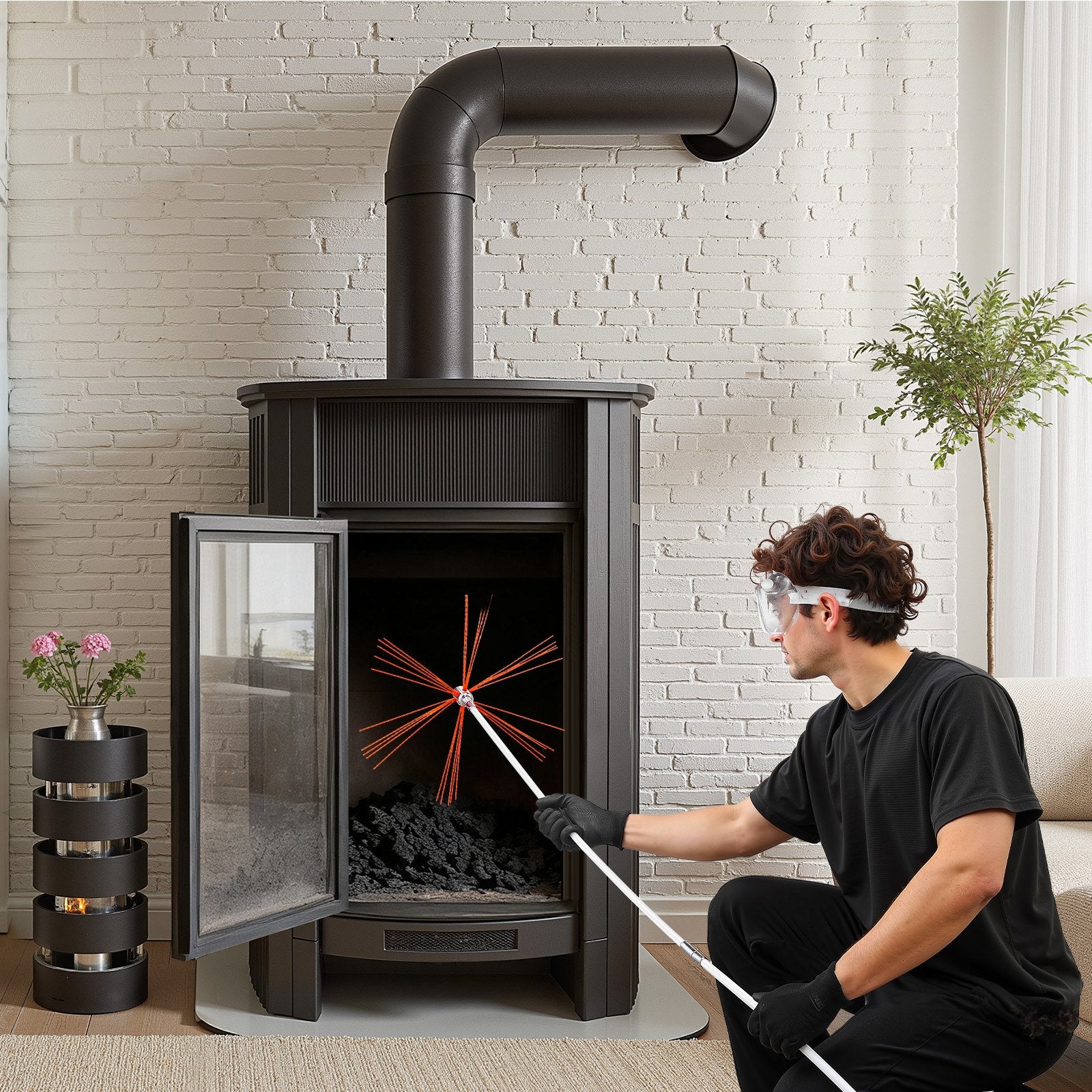 Chimney Sweep Kit 12m Extendable Dual Brush Heads Goggles Fireplace Cleaning