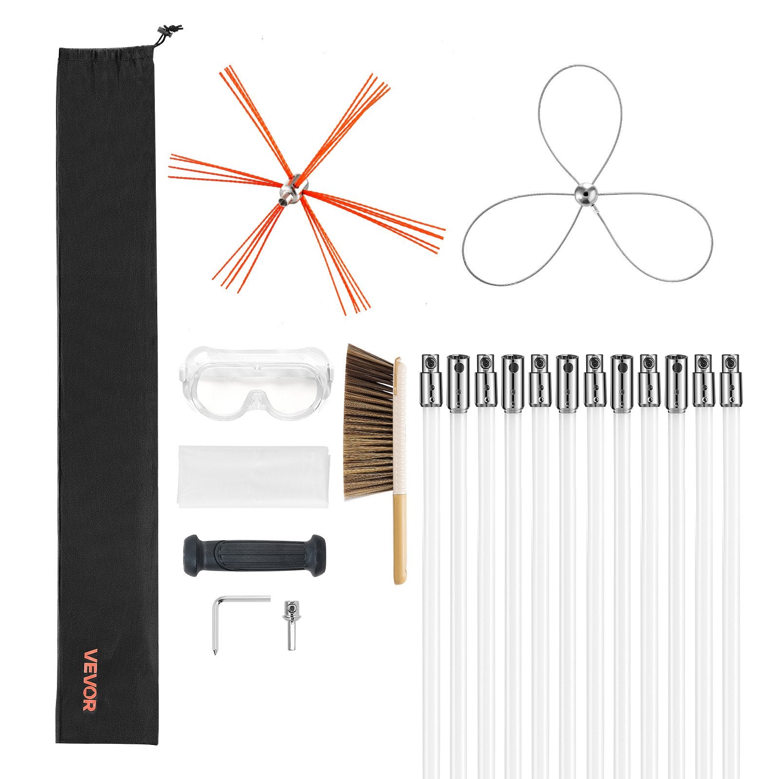 Chimney Sweep Kit 12m Extendable Dual Brush Heads Goggles Fireplace Cleaning