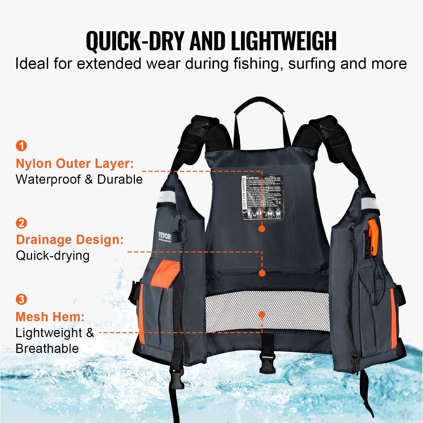 Life Vest for Watersports 96N Buoyancy Jacket with Waterproof Nylon, Men & Women