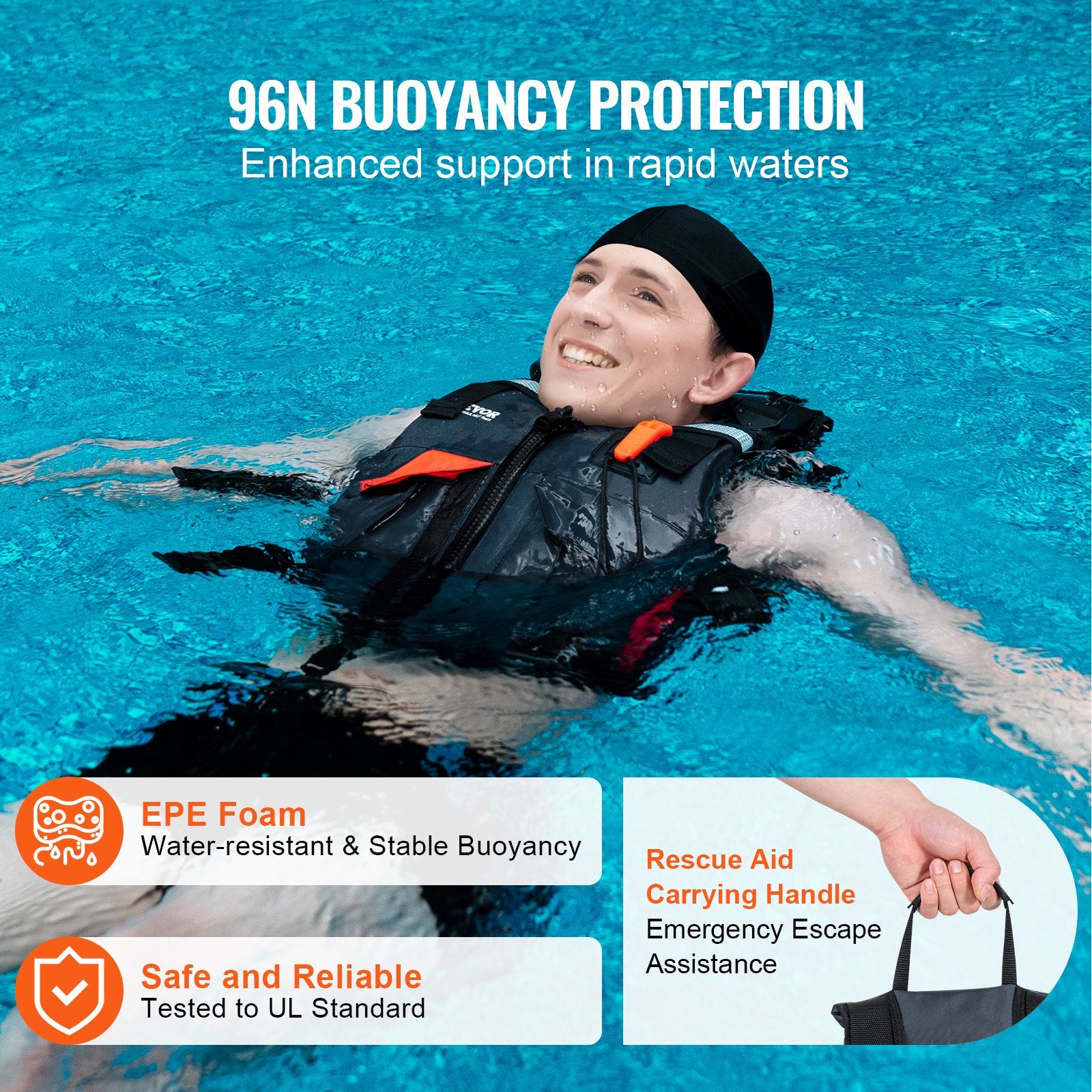 Life Vest for Watersports 96N Buoyancy Jacket with Waterproof Nylon, Men & Women