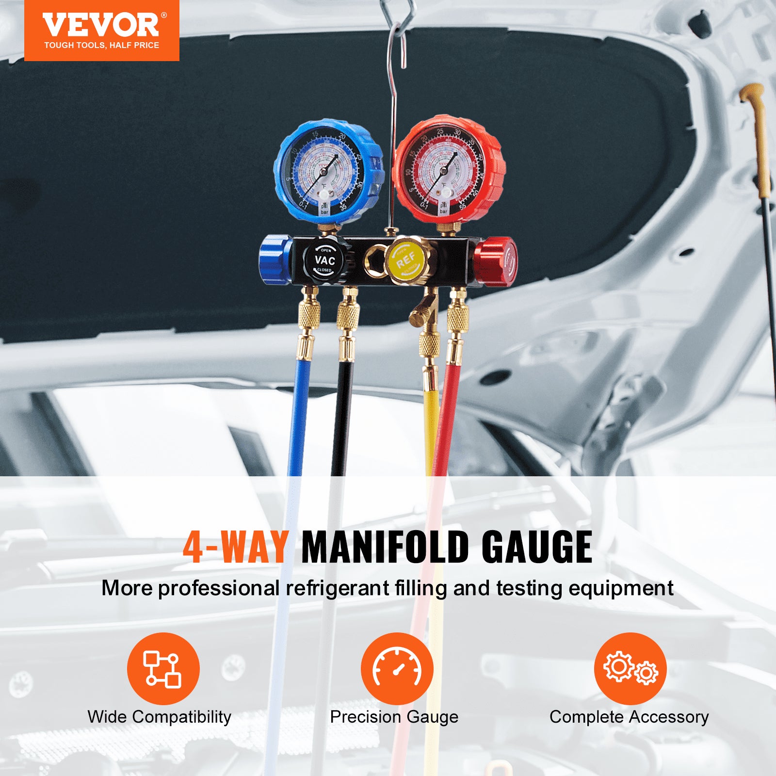 4-Way AC Manifold Gauge Kit for Car Freon Charging & Evacuation with Hoses