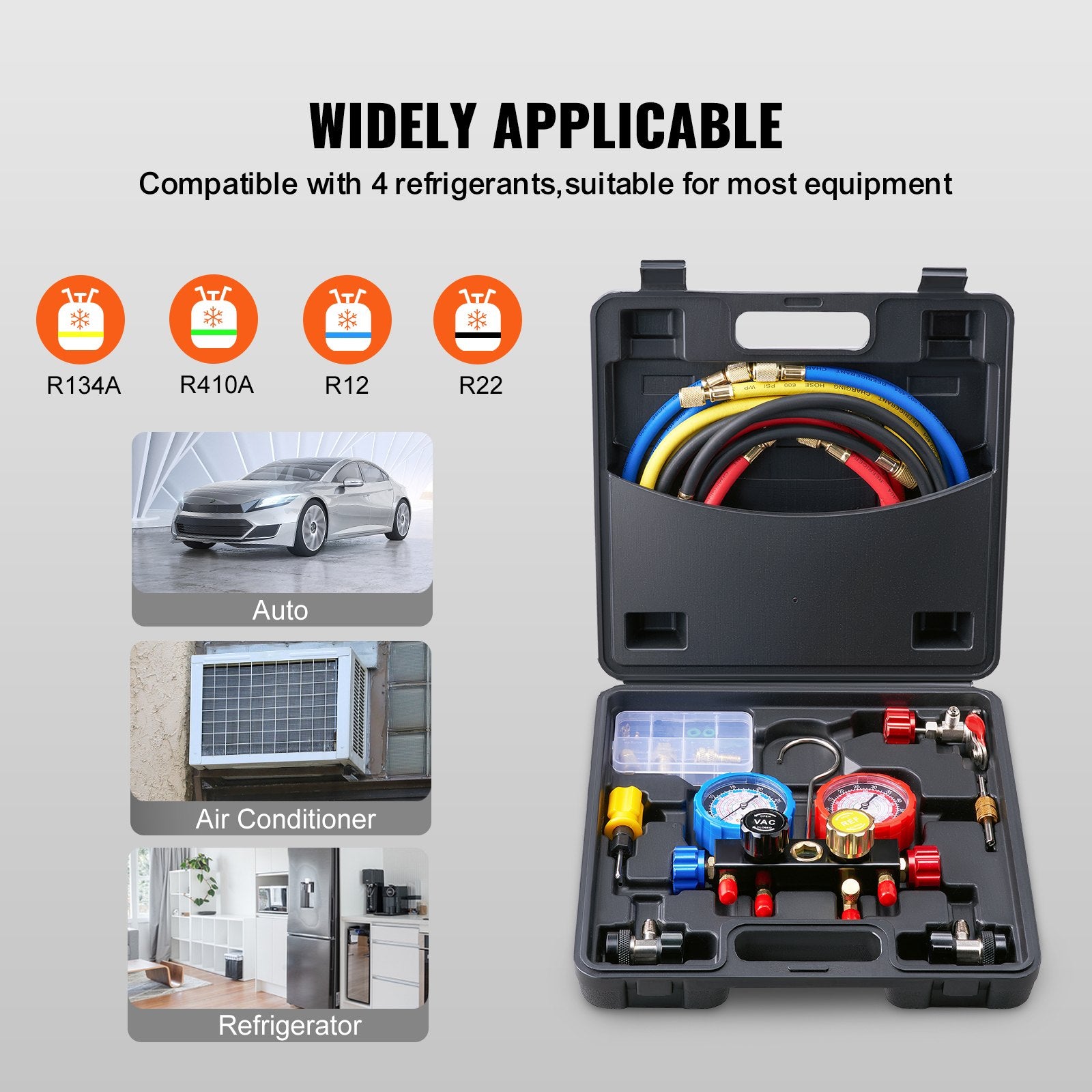 4-Way AC Manifold Gauge Kit for Car Freon Charging & Evacuation with Hoses