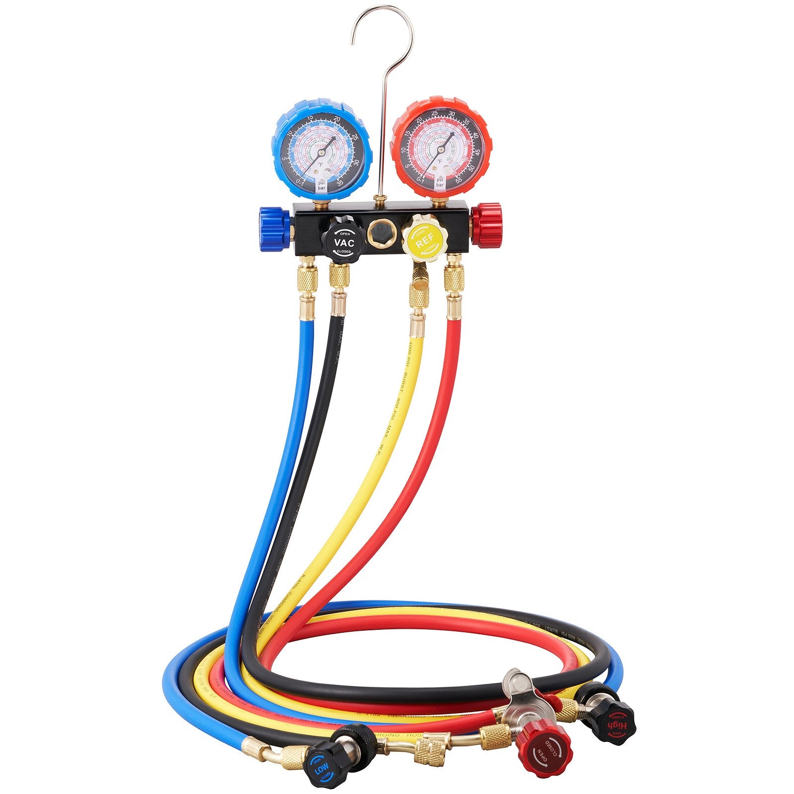 4-Way AC Manifold Gauge Kit for Car Freon Charging & Evacuation with Hoses