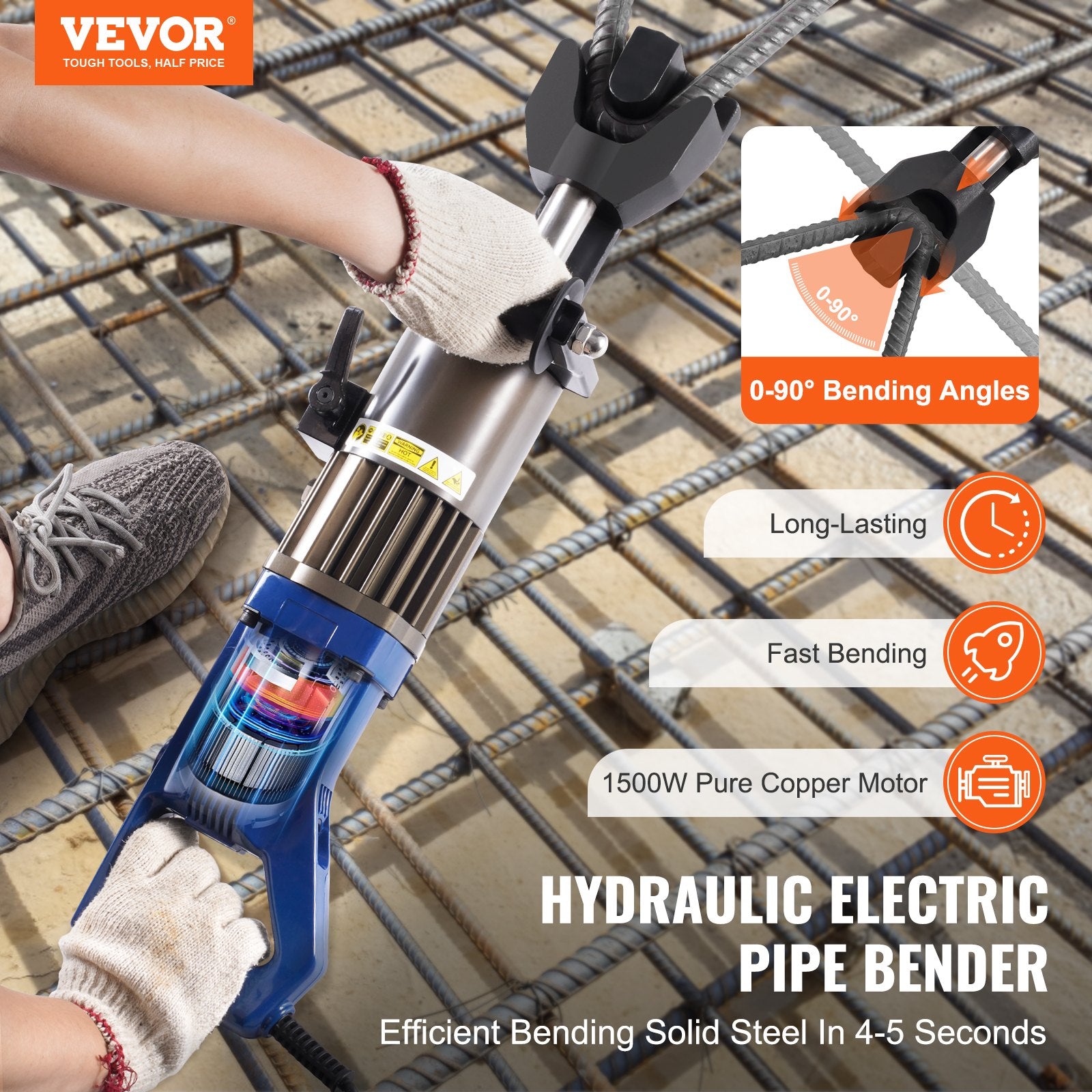 Electric Hydraulic Rebar Bender, 1500W Portable, Bends up to 3/4 Inch RN-22 Blue