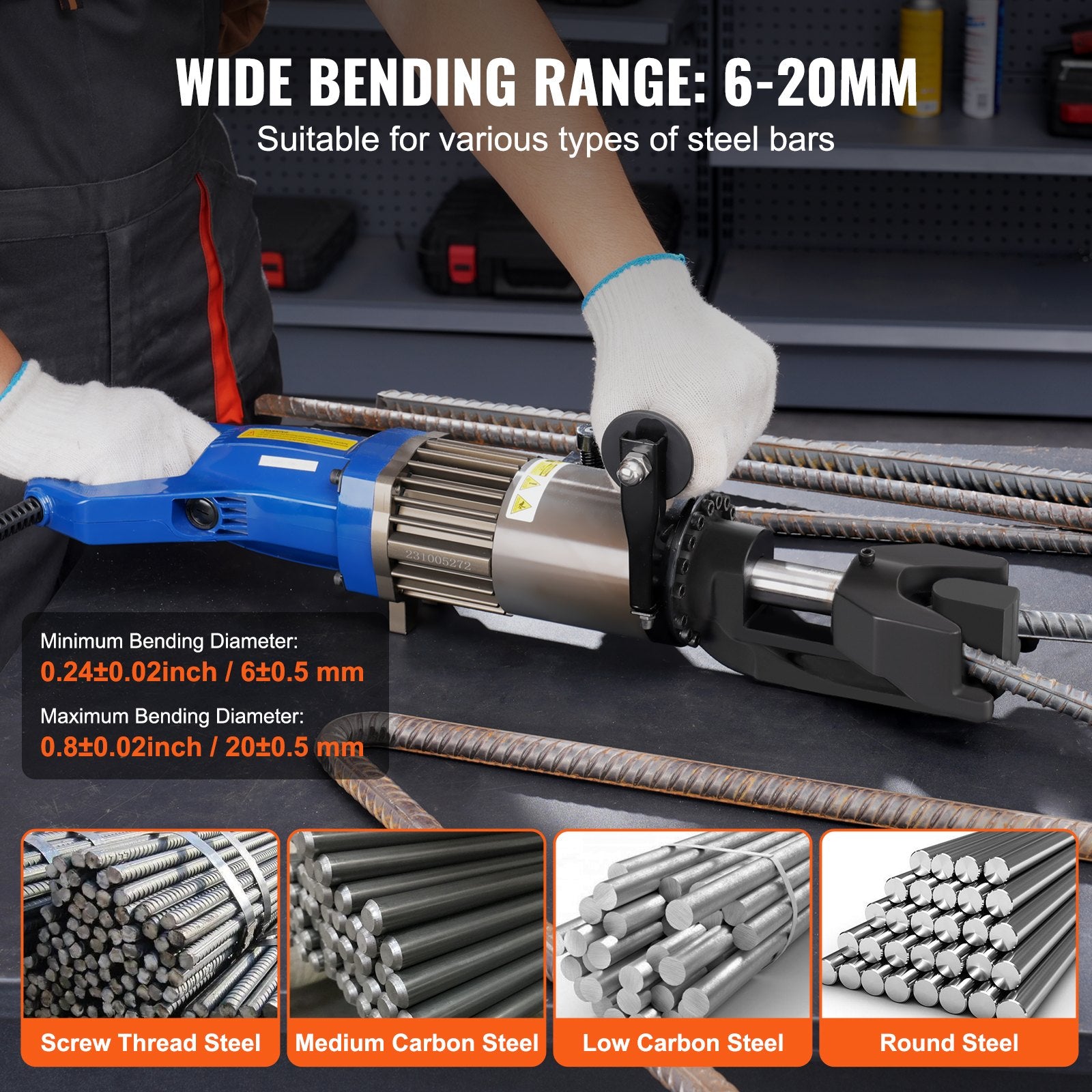 Electric Hydraulic Rebar Bender, 1500W Portable, Bends up to 3/4 Inch RN-22 Blue