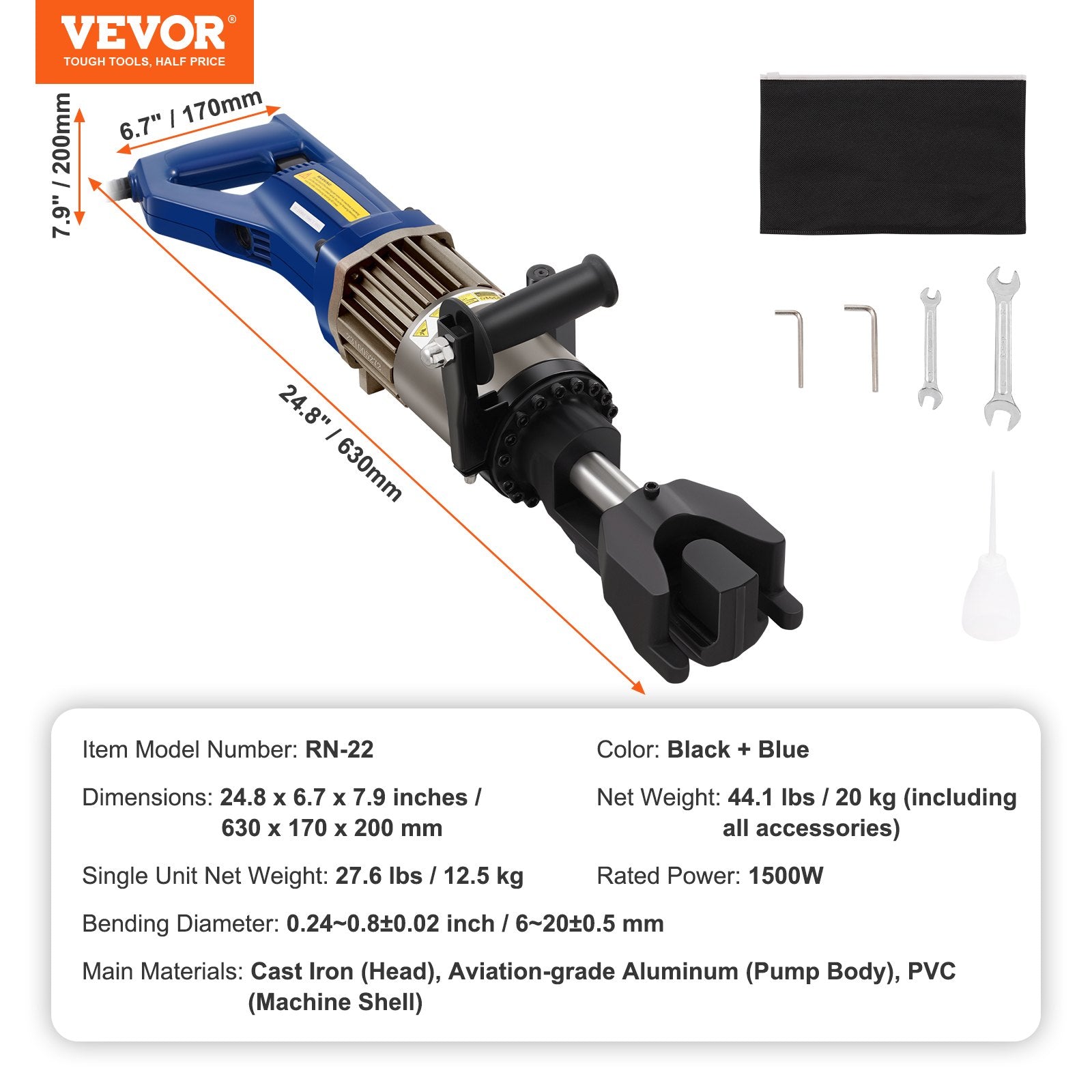 Electric Hydraulic Rebar Bender, 1500W Portable, Bends up to 3/4 Inch RN-22 Blue