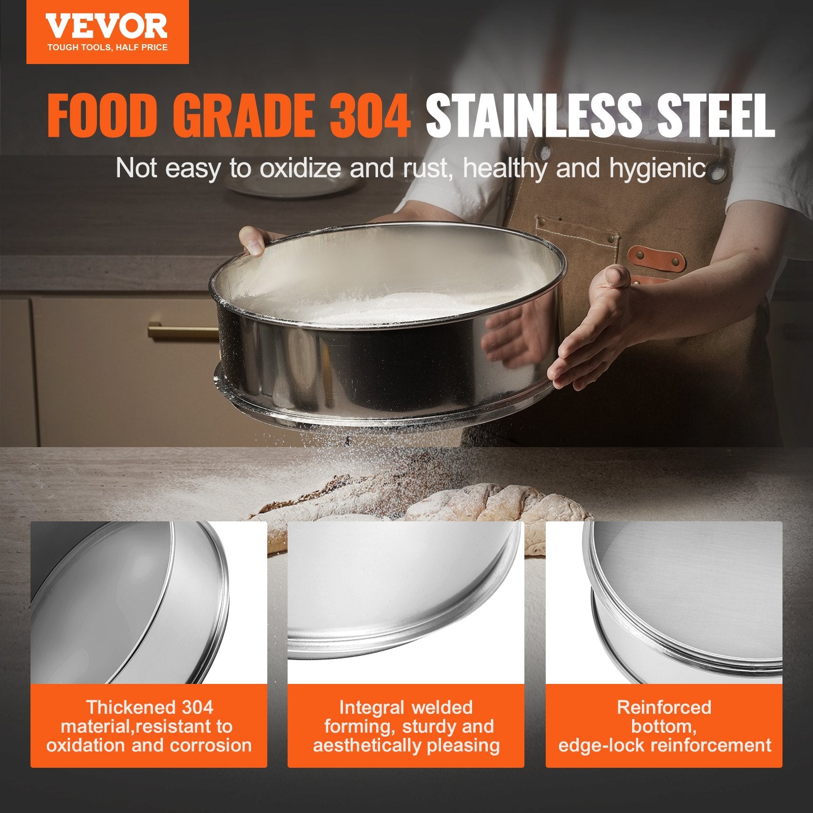 Flour Sieve Fine Mesh, 304 Stainless Steel Sifter 80 Mesh for Baking & Powder