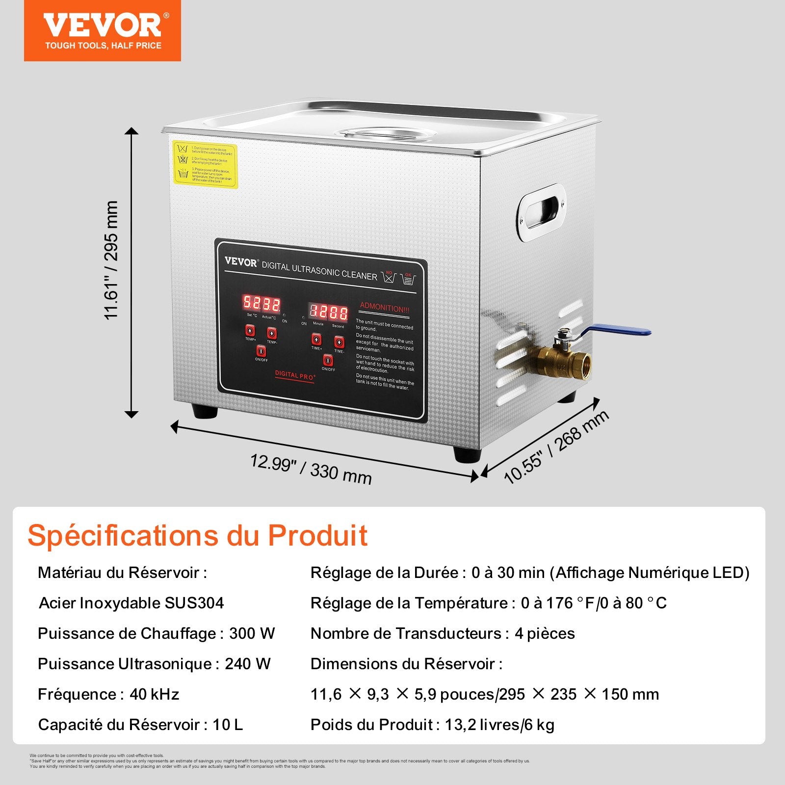 Jewelry Ultrasonic Cleaner with Digital Heater Timer Professional 10L