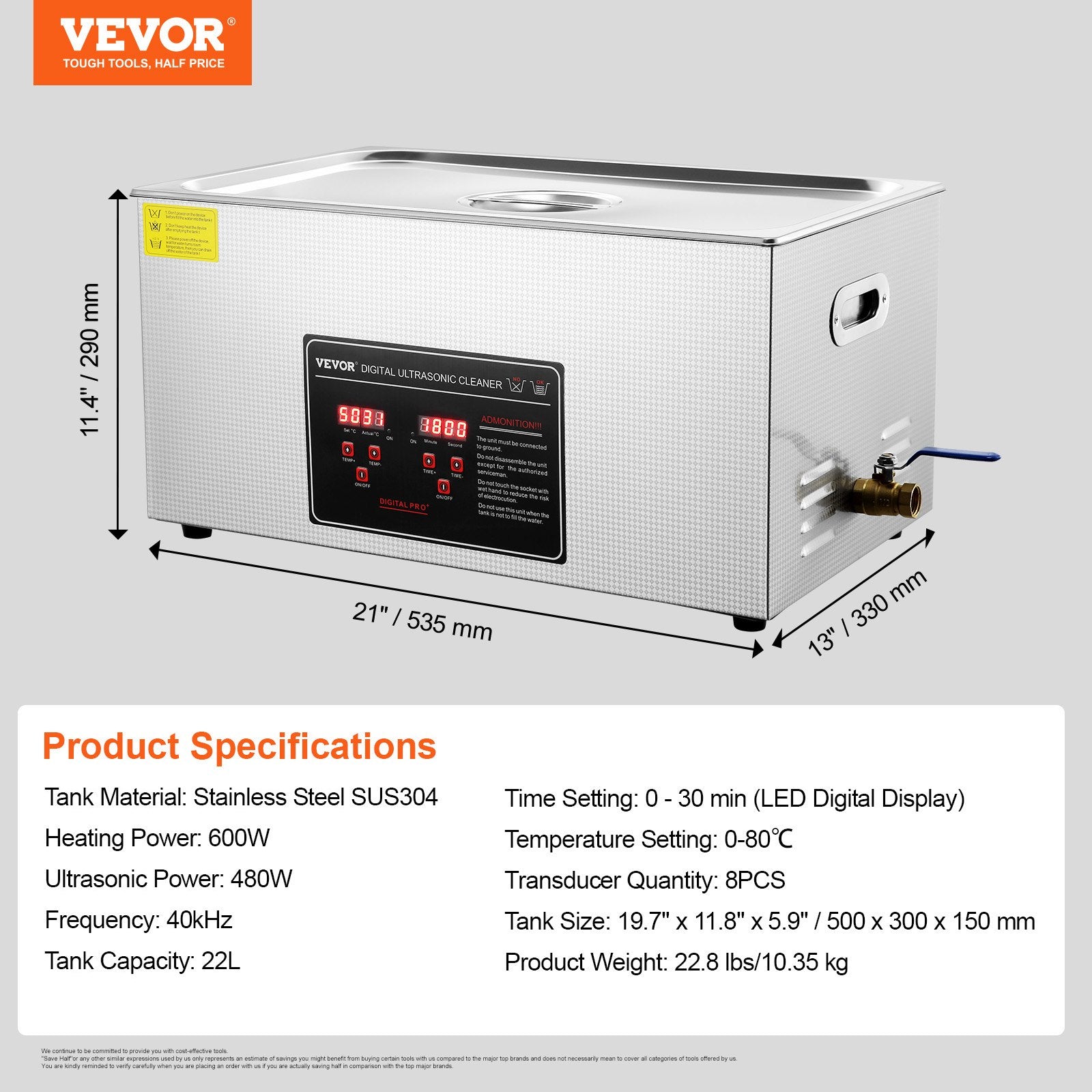 Ultrasonic Cleaner 22L with Digital Timer Heater Professional Stainless Steel