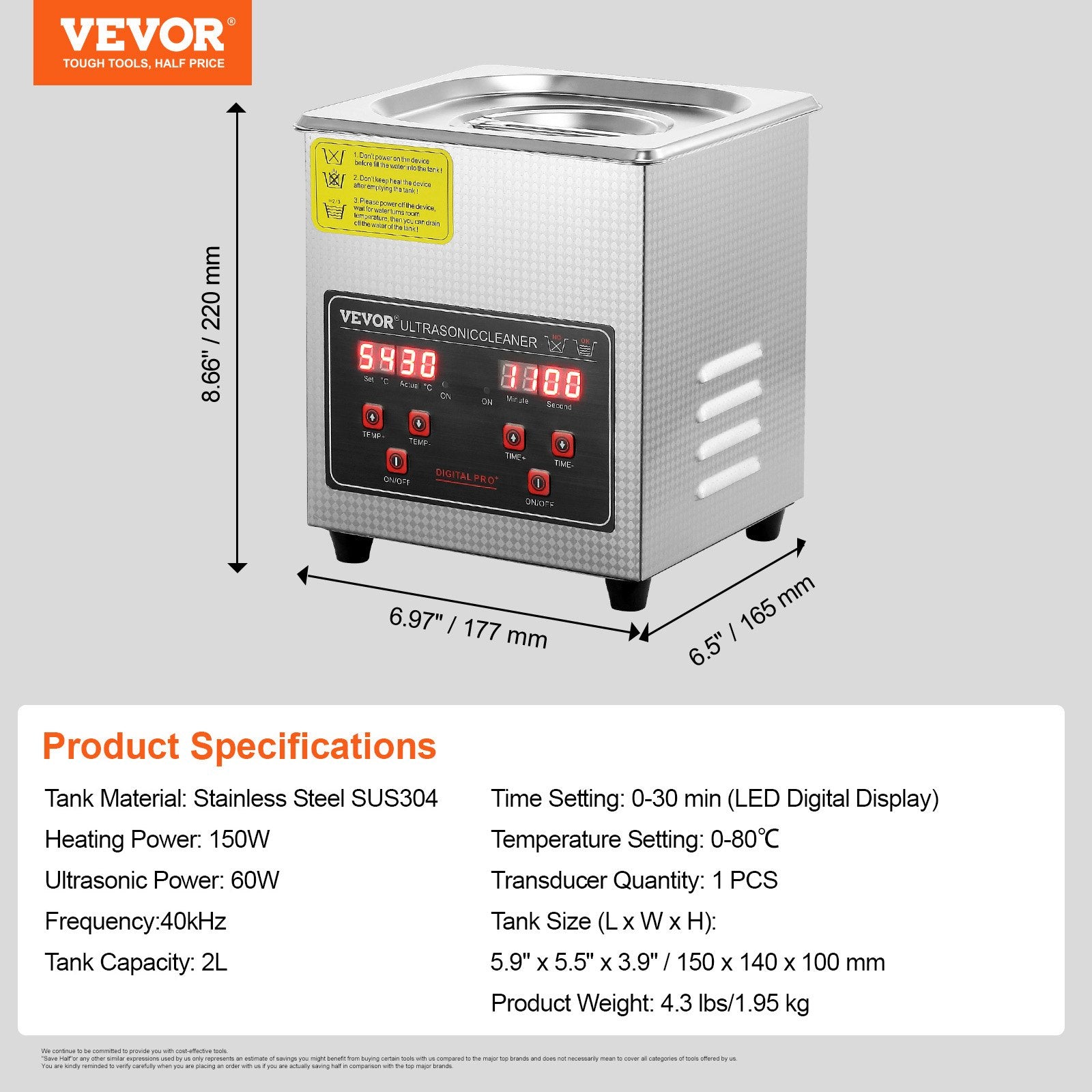 Jewelry Ultrasonic Cleaner with Digital Heater Timer Professional 2L