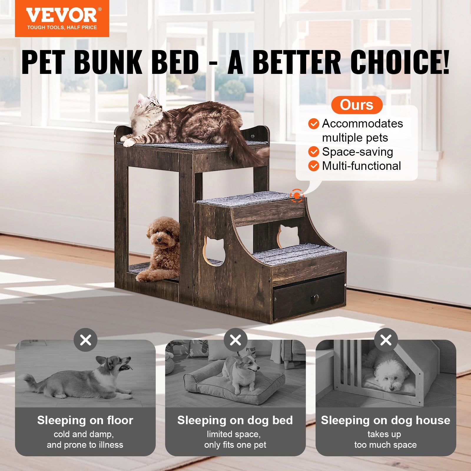Pet Bunk Bed with Removable Stairs Window Perch Multi-Level Small Pet Gray