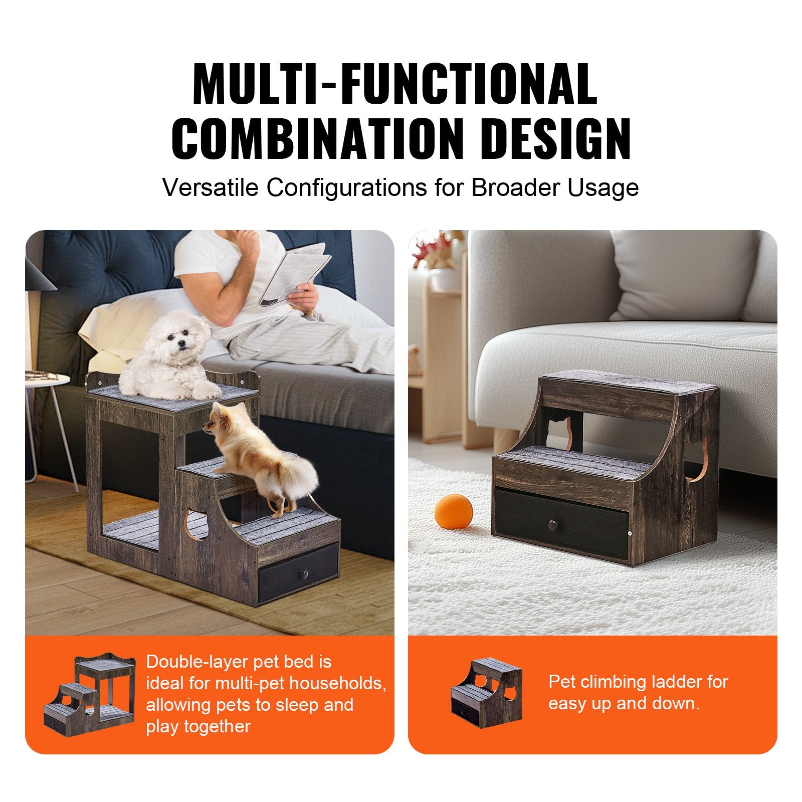 Pet Bunk Bed with Removable Stairs Window Perch Multi-Level Small Pet Gray