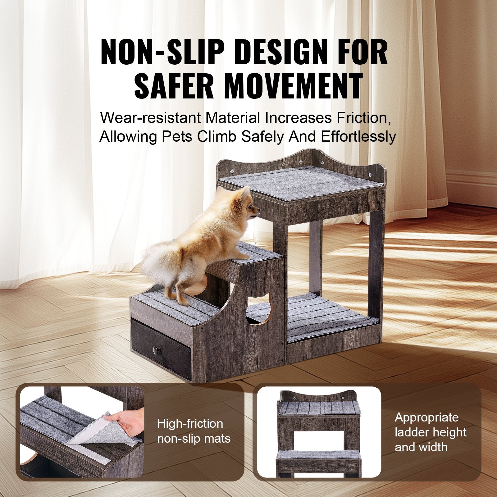 Pet Bunk Bed with Removable Stairs Window Perch Multi-Level Small Pet Gray