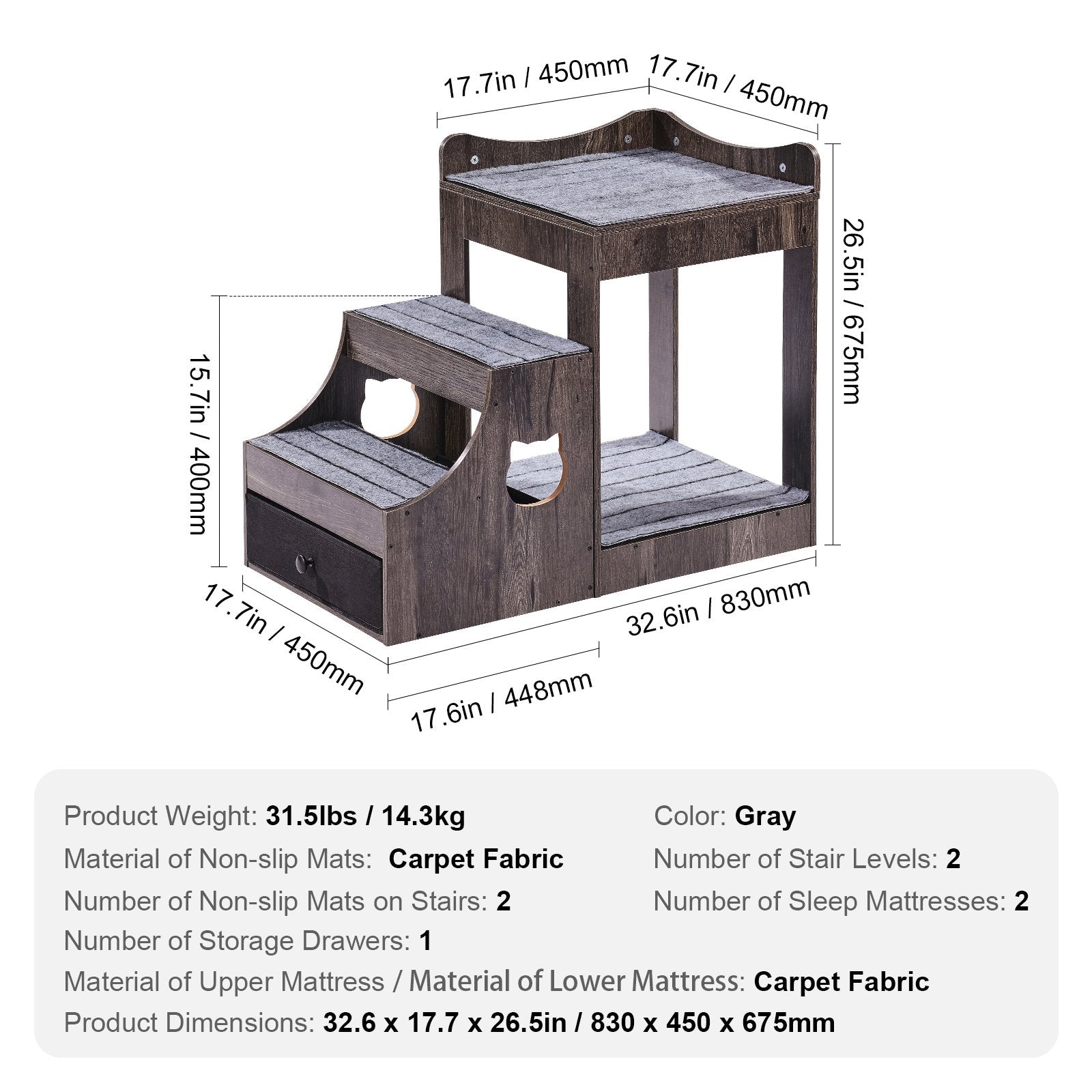 Pet Bunk Bed with Removable Stairs Window Perch Multi-Level Small Pet Gray
