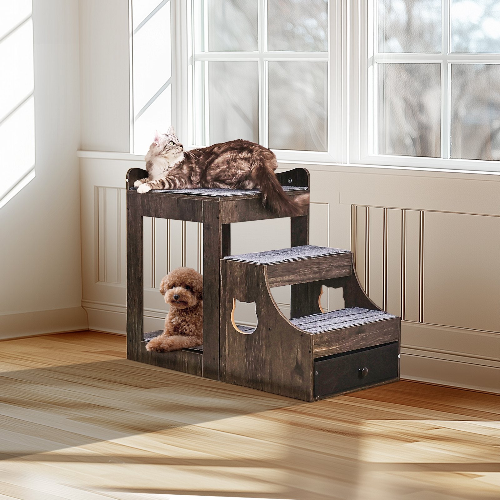 Pet Bunk Bed with Removable Stairs Window Perch Multi-Level Small Pet Gray