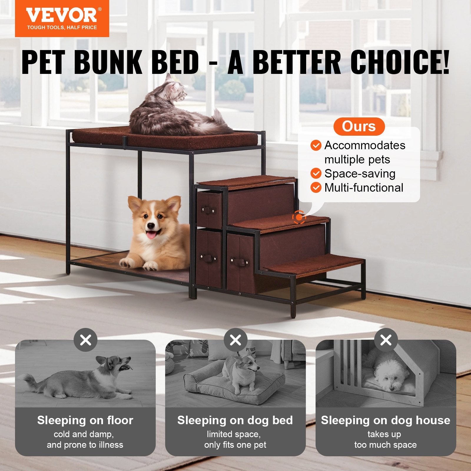 Pet Bunk Bed with Stairs Window Perch Storage Multi-Level Medium Pet Dark Brown