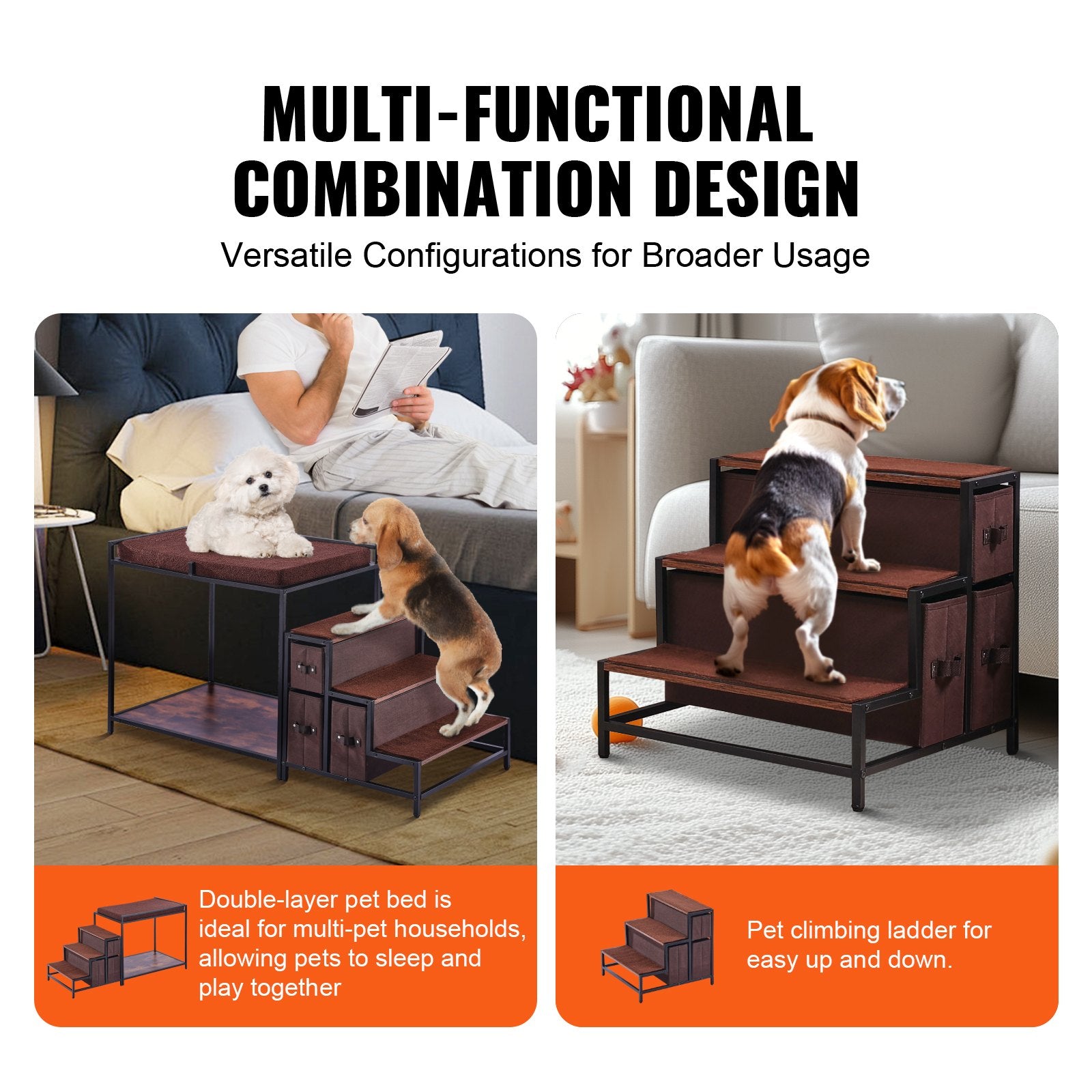Pet Bunk Bed with Stairs Window Perch Storage Multi-Level Medium Pet Dark Brown