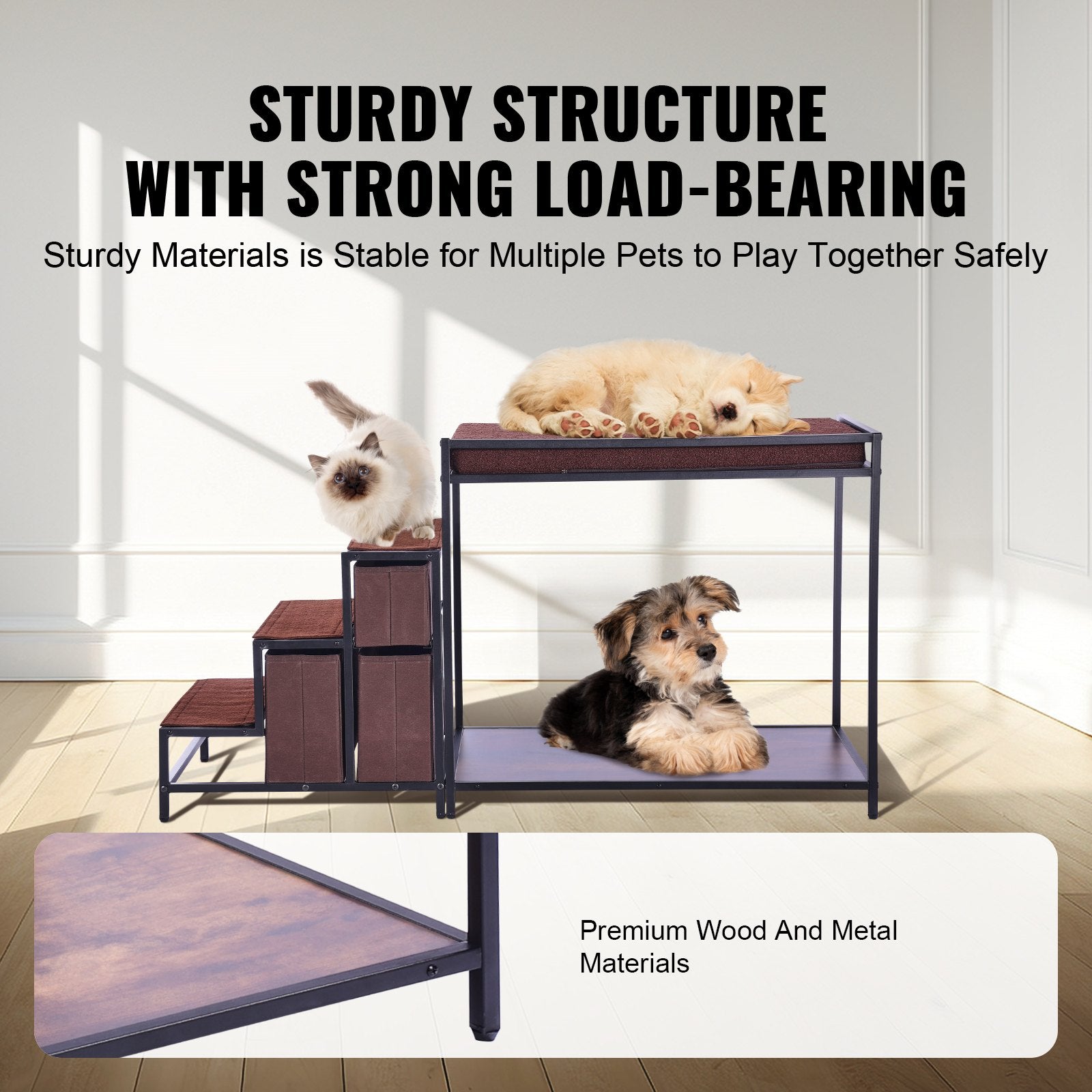 Pet Bunk Bed with Stairs Window Perch Storage Multi-Level Medium Pet Dark Brown