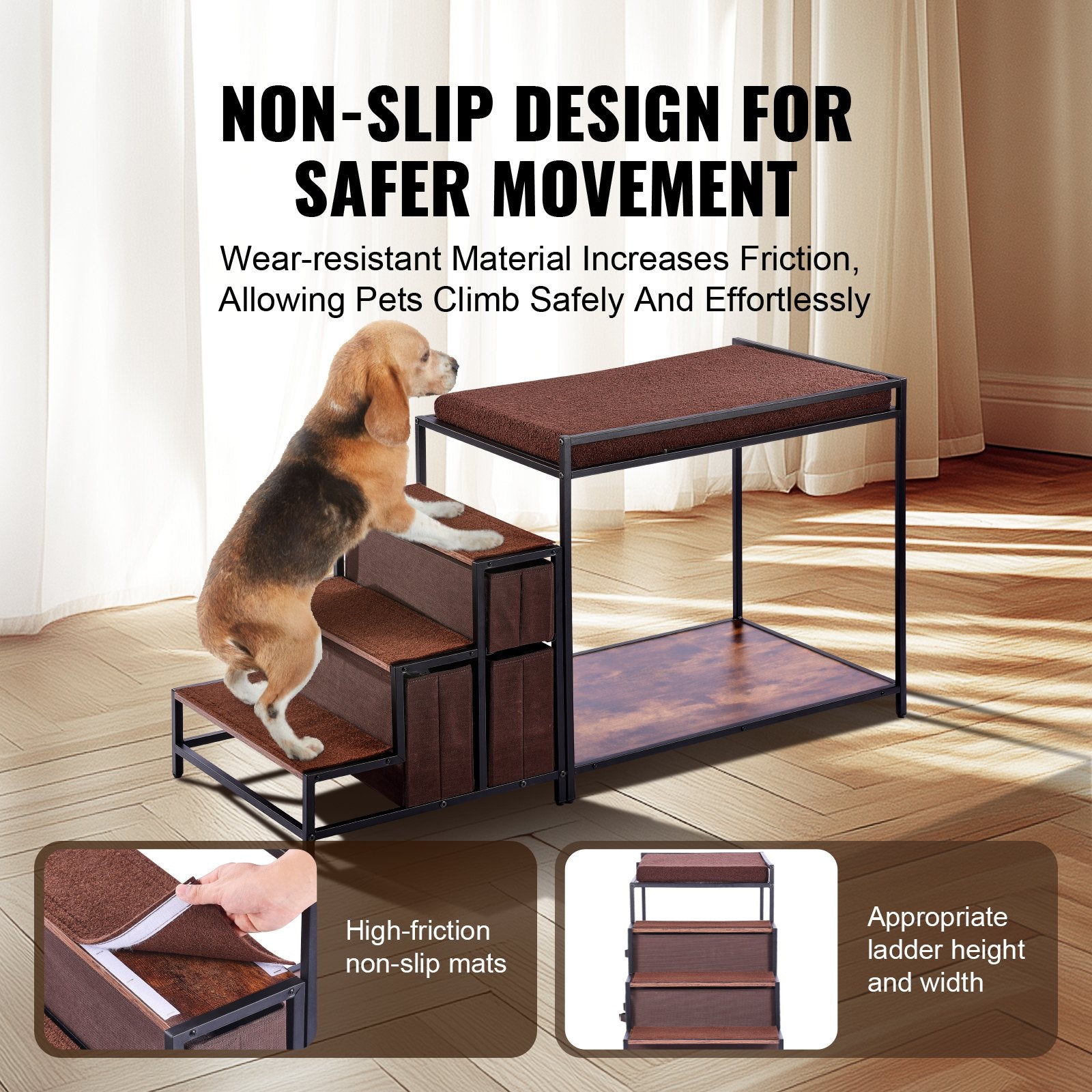 Pet Bunk Bed with Stairs Window Perch Storage Multi-Level Medium Pet Dark Brown