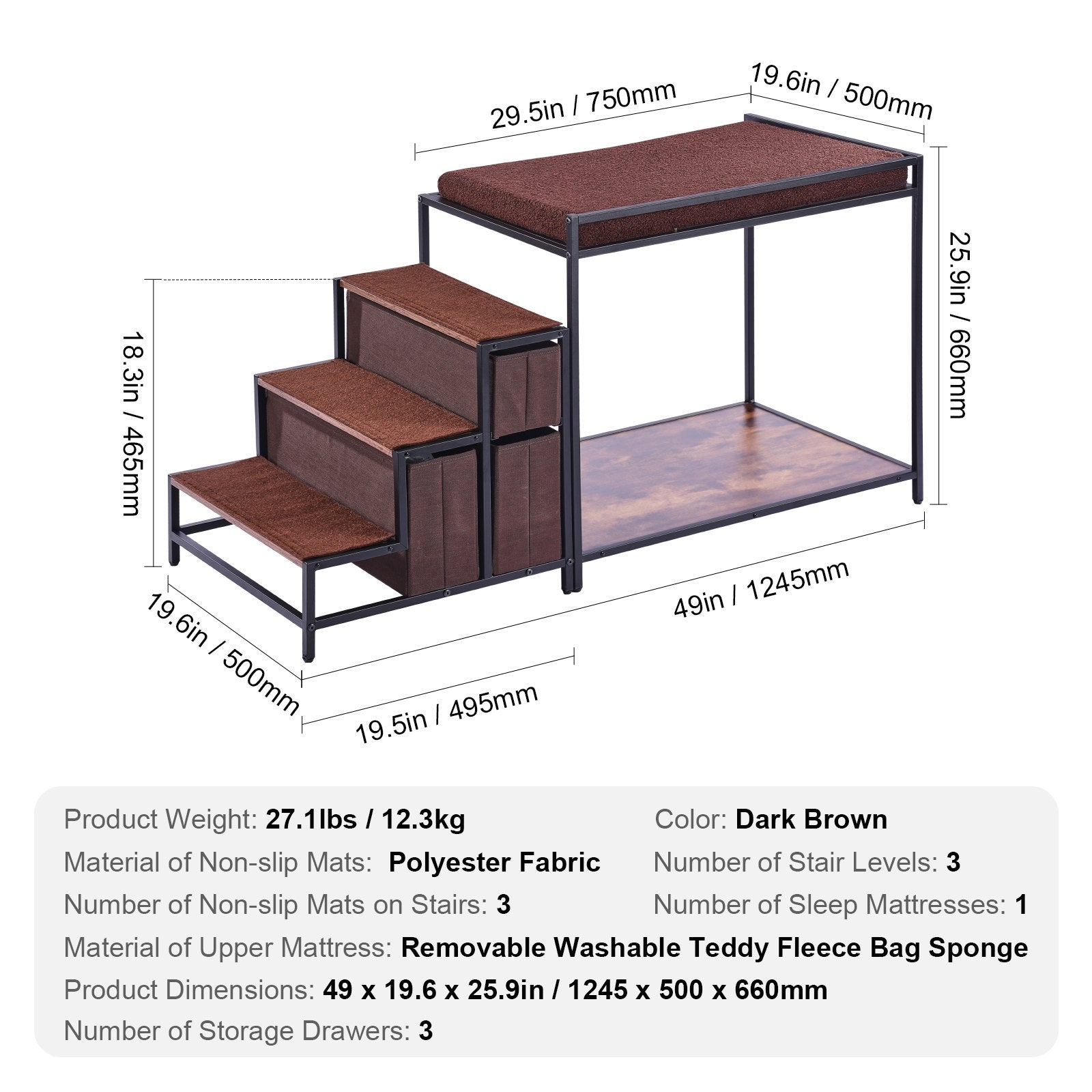 Pet Bunk Bed with Stairs Window Perch Storage Multi-Level Medium Pet Dark Brown