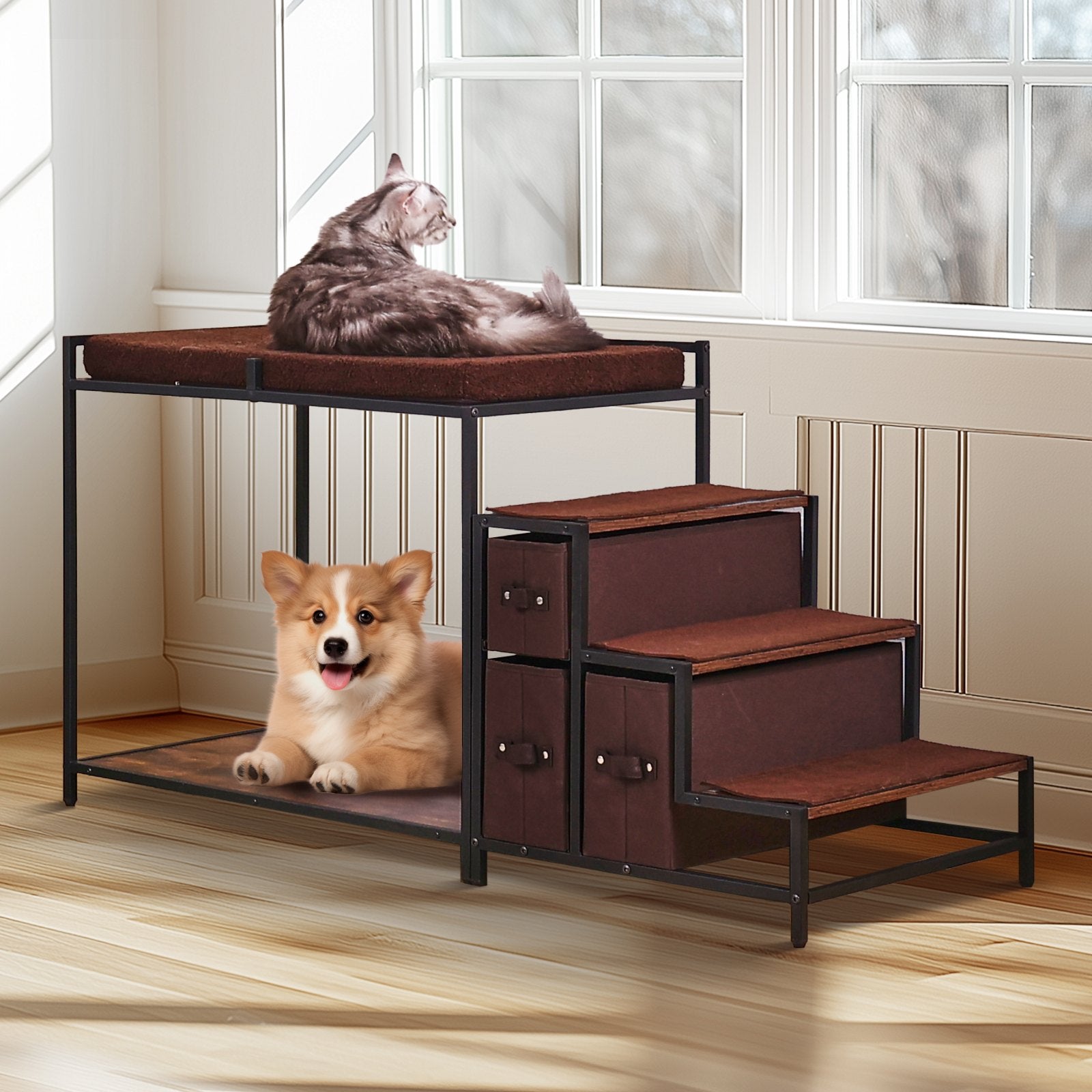 Pet Bunk Bed with Stairs Window Perch Storage Multi-Level Medium Pet Dark Brown