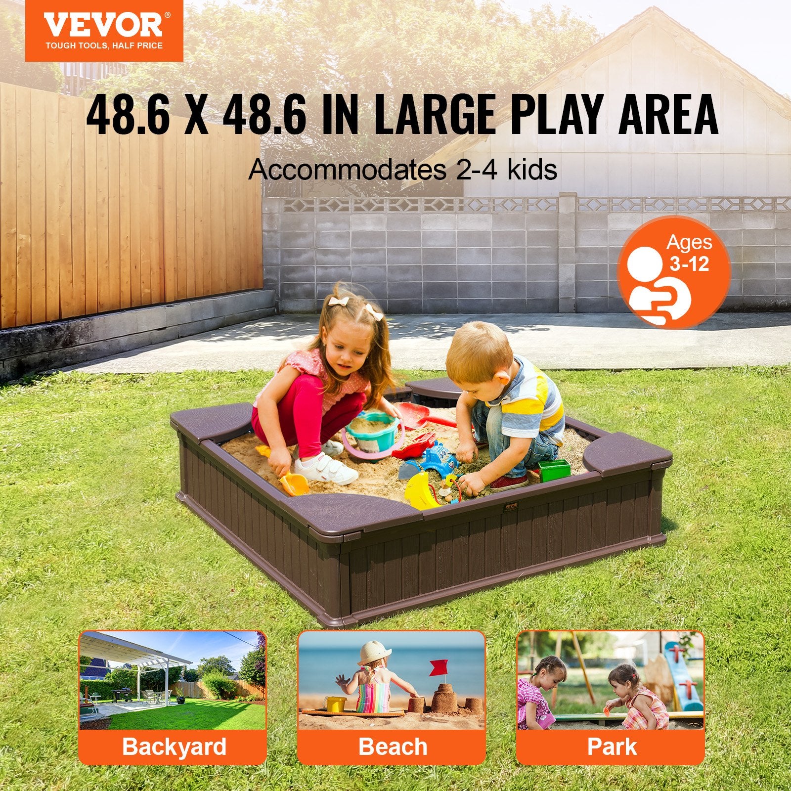 Sandbox with Cover 48.6x48.6x12.4in HDPE Sand Pit w/Seating Bottom Liner Brown