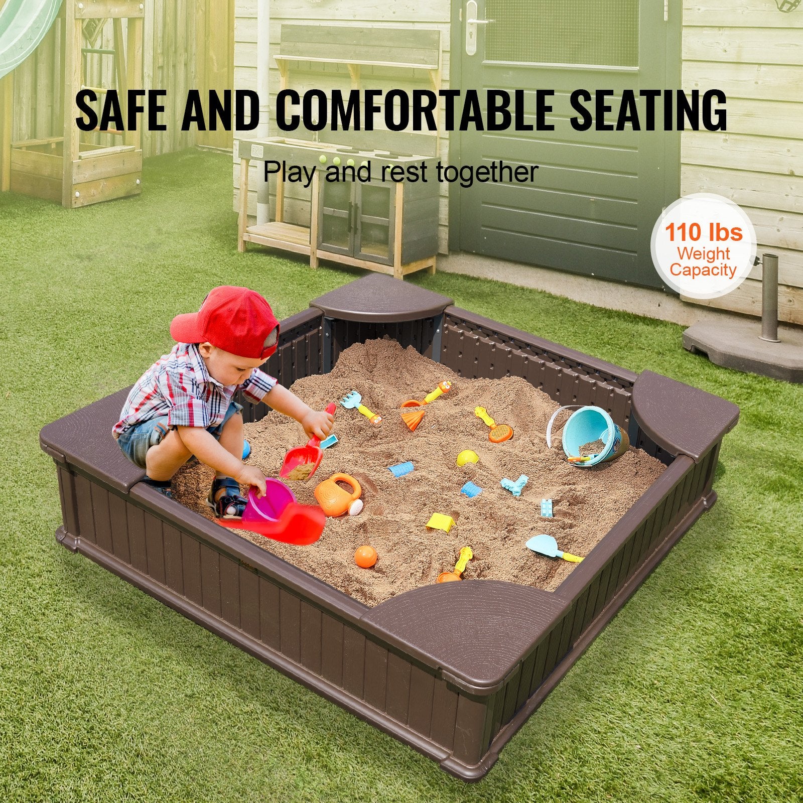 Sandbox with Cover 48.6x48.6x12.4in HDPE Sand Pit w/Seating Bottom Liner Brown
