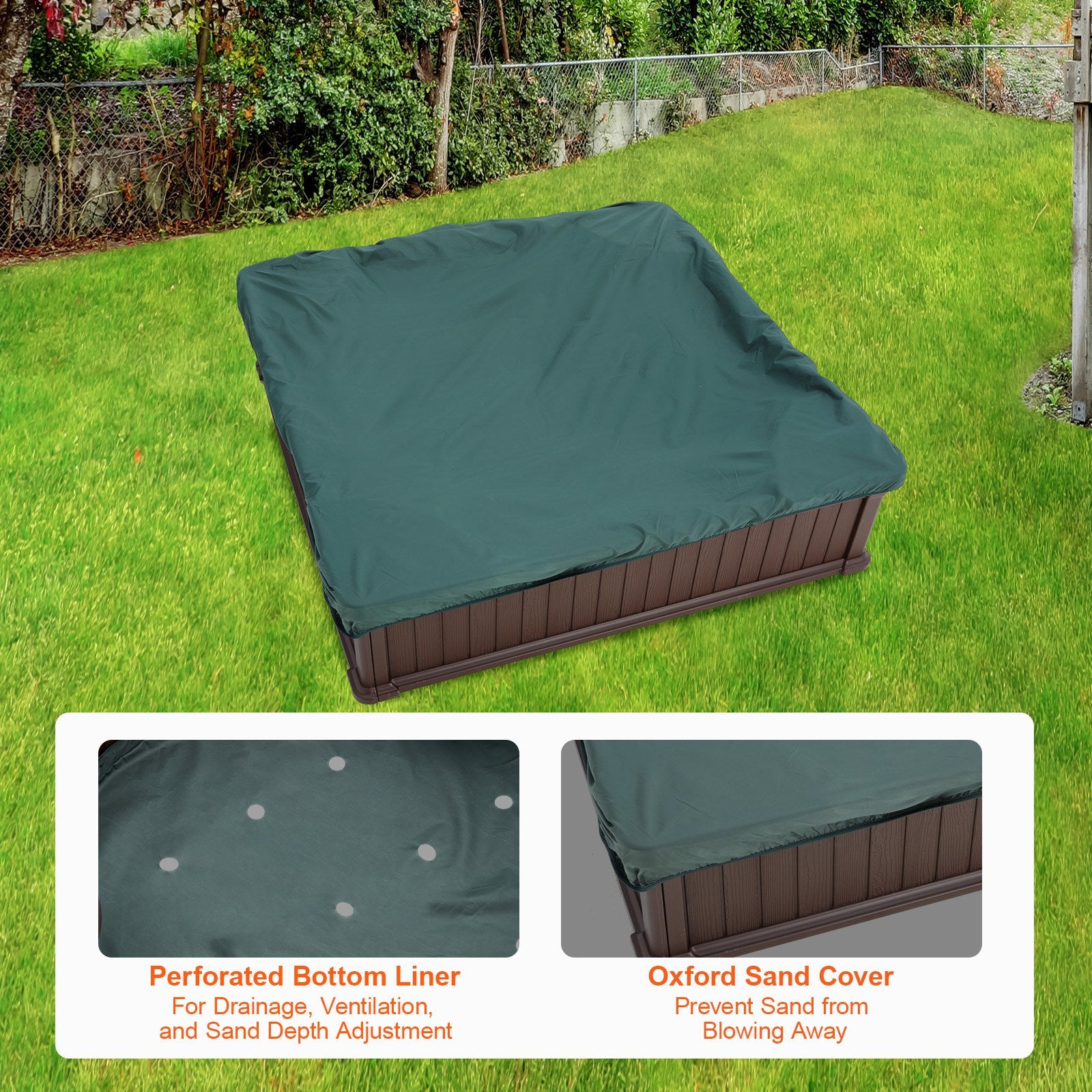 Sandbox with Cover 48.6x48.6x12.4in HDPE Sand Pit w/Seating Bottom Liner Brown