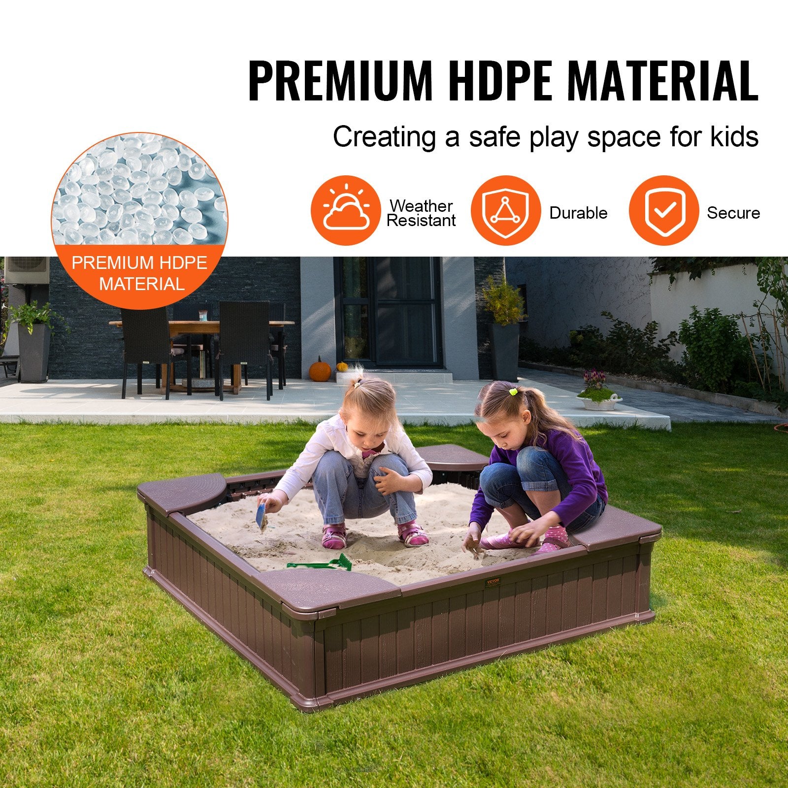 Sandbox with Cover 48.6x48.6x12.4in HDPE Sand Pit w/Seating Bottom Liner Brown