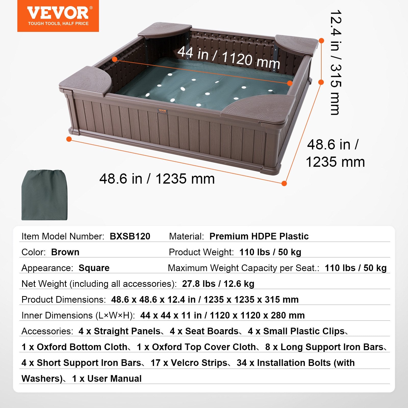 Sandbox with Cover 48.6x48.6x12.4in HDPE Sand Pit w/Seating Bottom Liner Brown