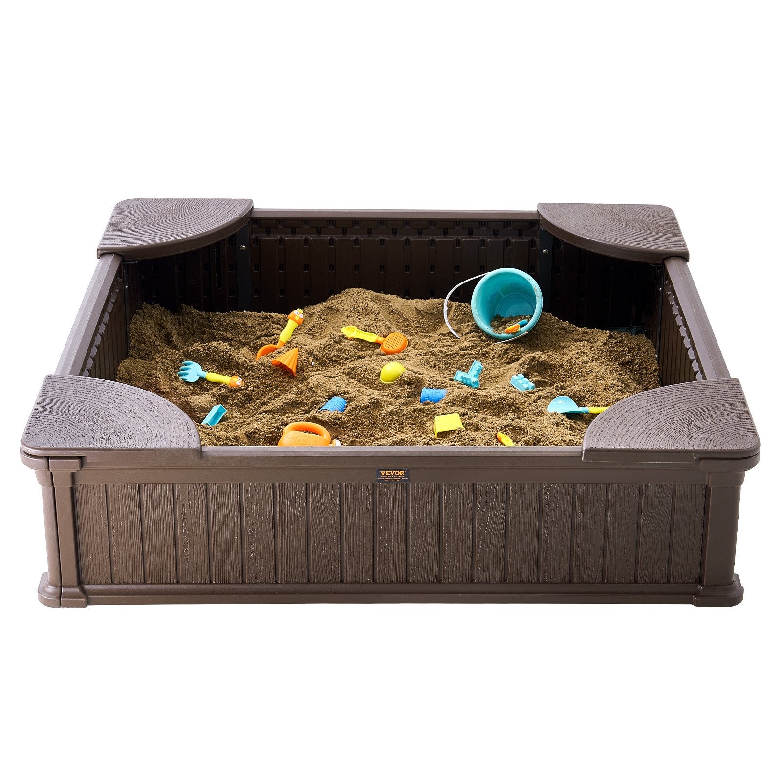 Sandbox with Cover 48.6x48.6x12.4in HDPE Sand Pit w/Seating Bottom Liner Brown