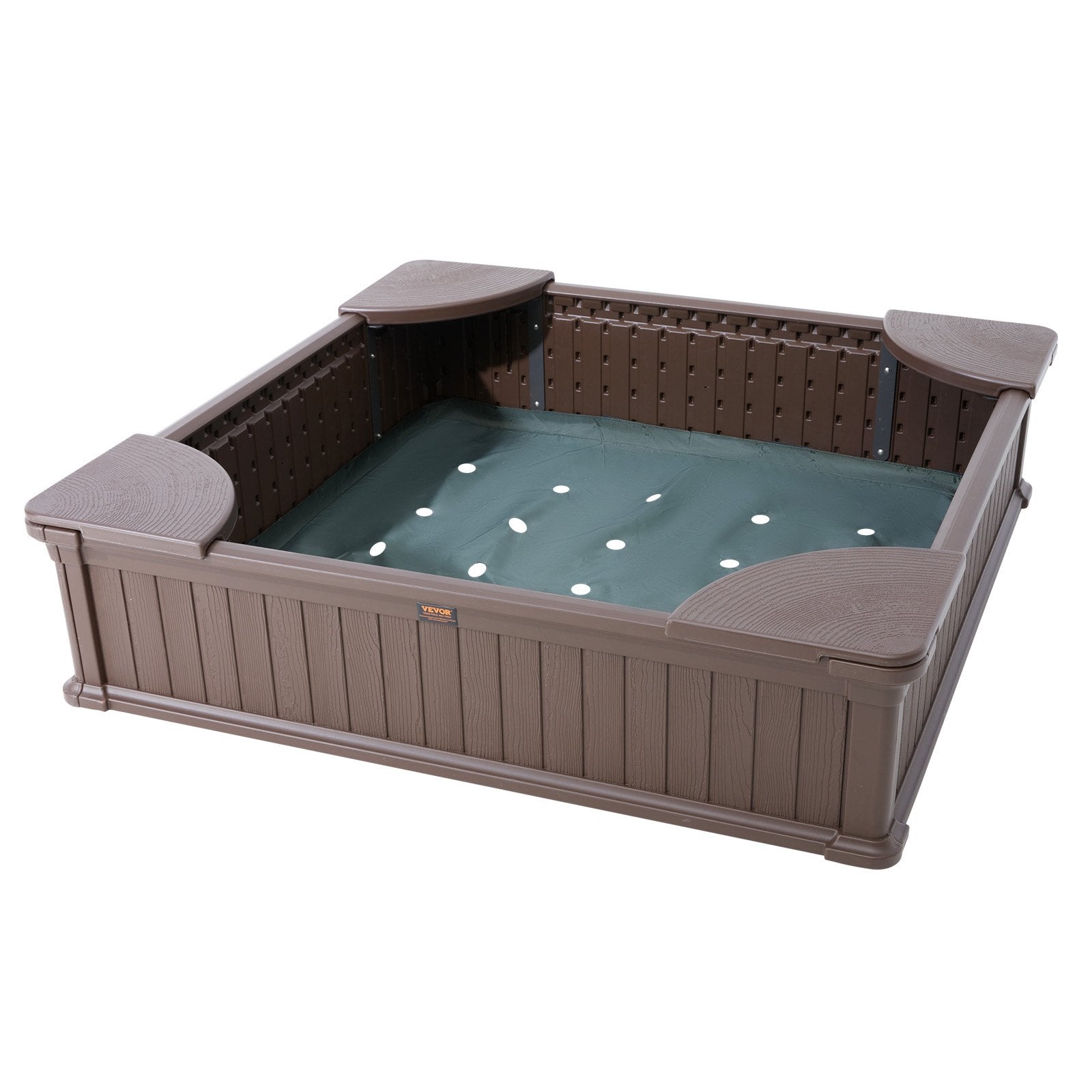 Sandbox with Cover 48.6x48.6x12.4in HDPE Sand Pit w/Seating Bottom Liner Brown