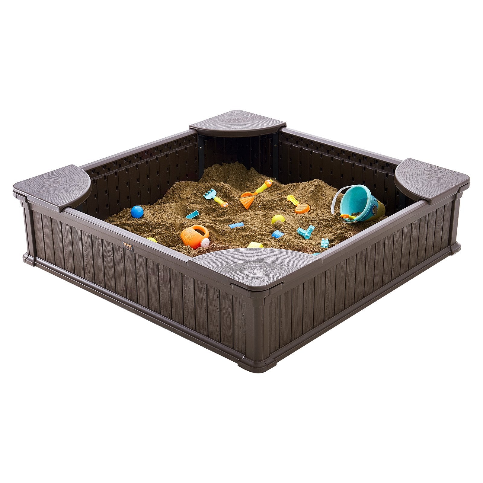 Sandbox with Cover 48.6x48.6x12.4in HDPE Sand Pit w/Seating Bottom Liner Brown