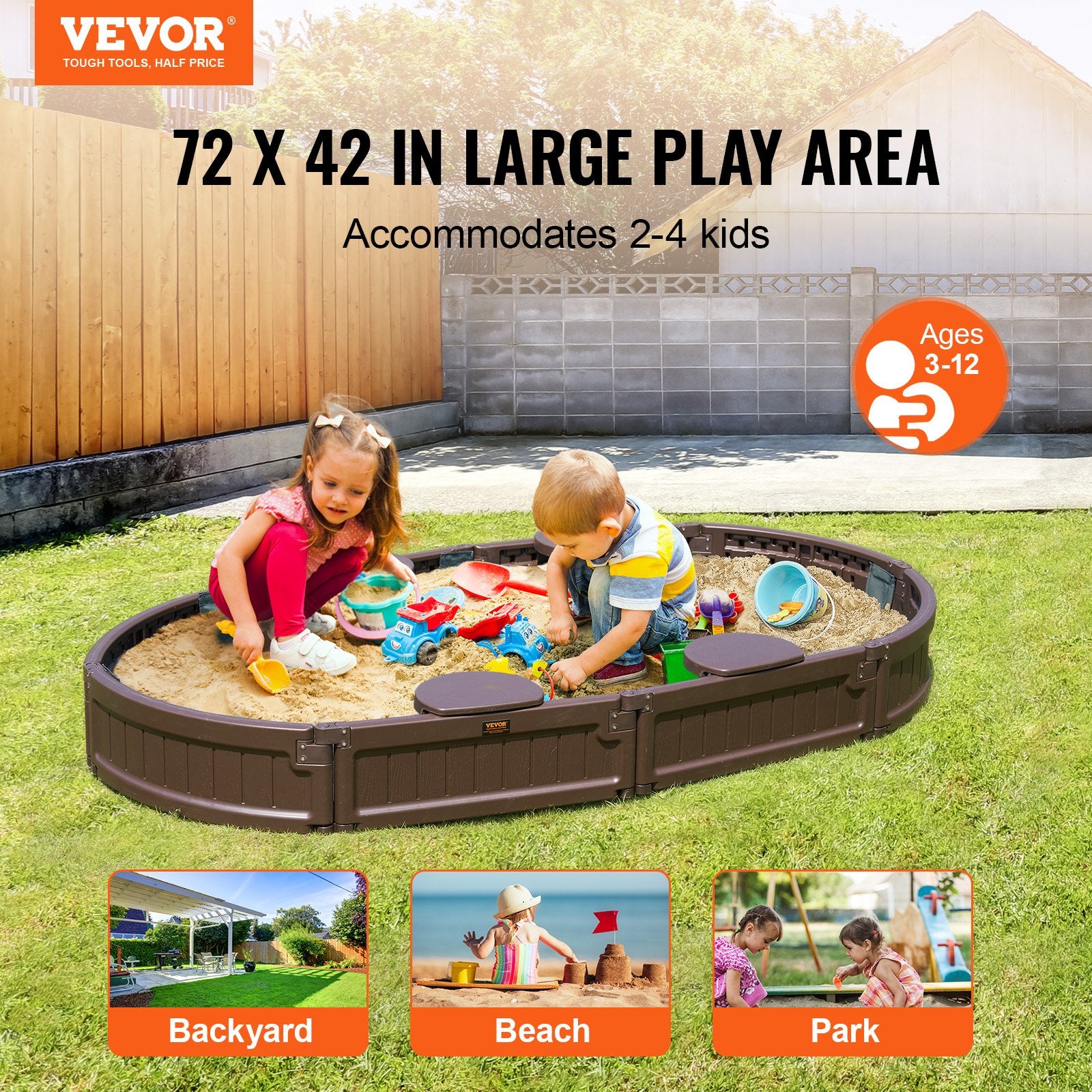 Sandbox with Cover 72x41.5x9.1 in Oval HDPE Sand Pit with Seating Brown
