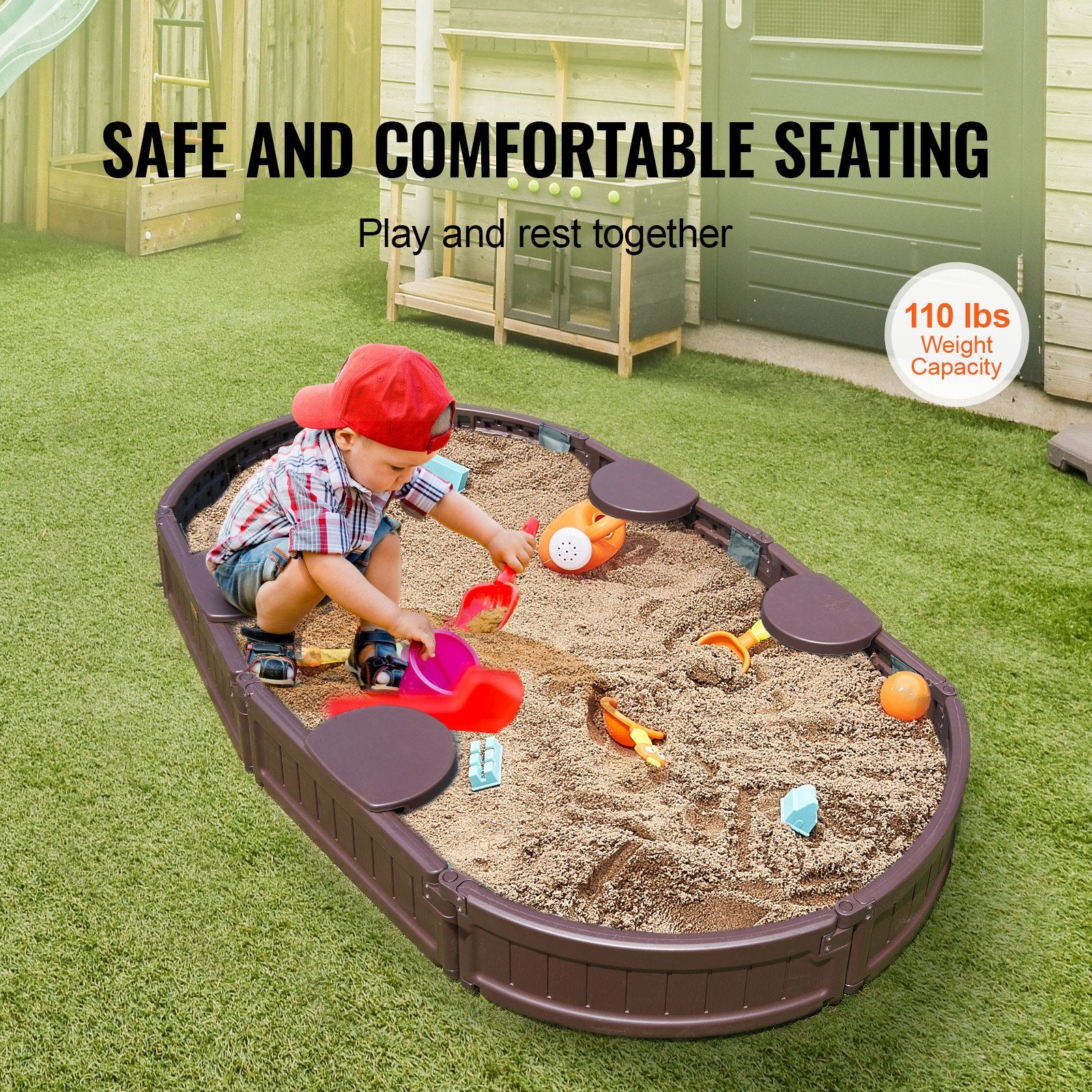 Sandbox with Cover 72x41.5x9.1 in Oval HDPE Sand Pit with Seating Brown