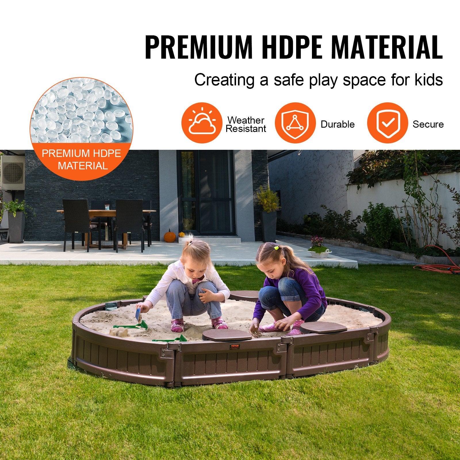 Sandbox with Cover 72x41.5x9.1 in Oval HDPE Sand Pit with Seating Brown