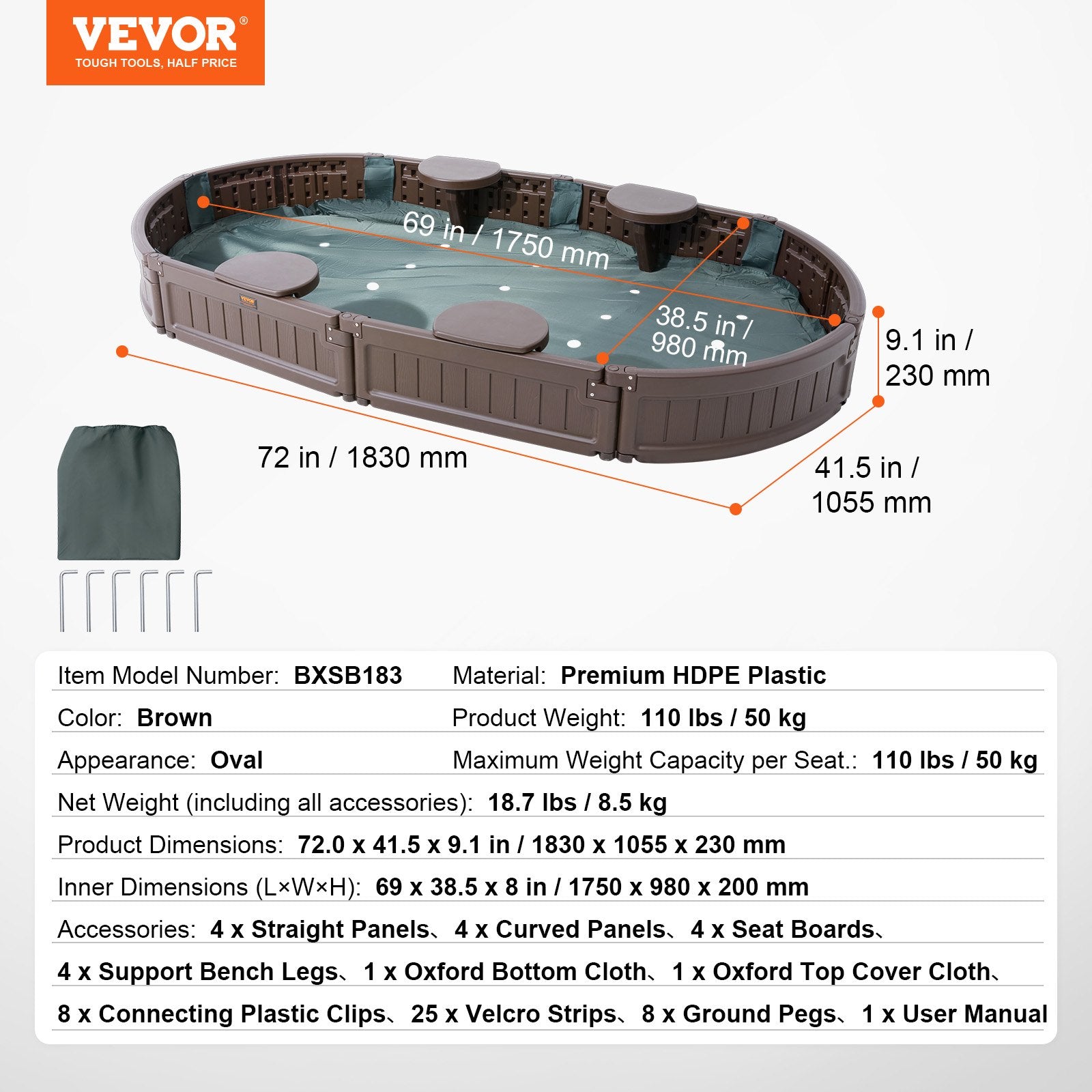 Sandbox with Cover 72x41.5x9.1 in Oval HDPE Sand Pit with Seating Brown