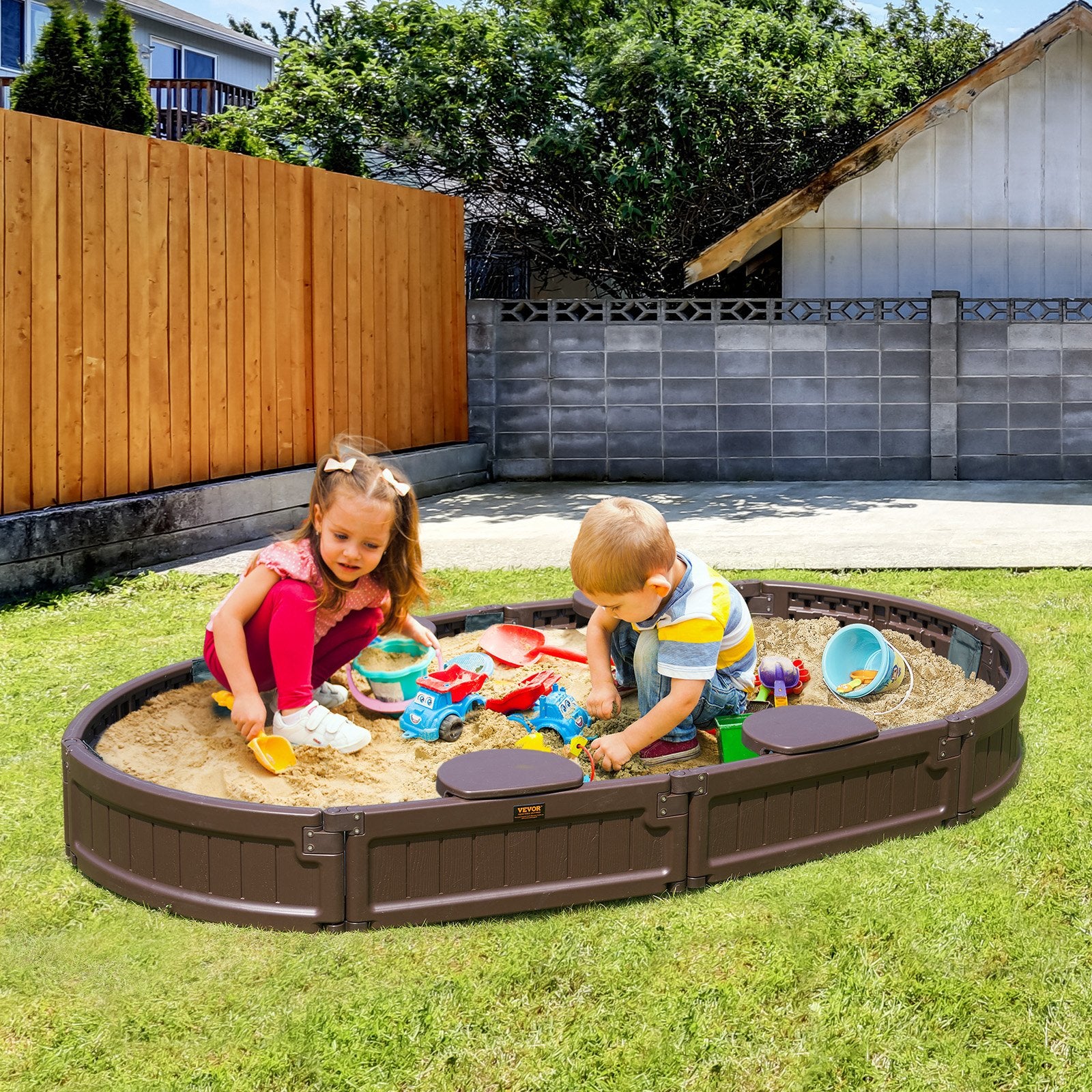 Sandbox with Cover 72x41.5x9.1 in Oval HDPE Sand Pit with Seating Brown