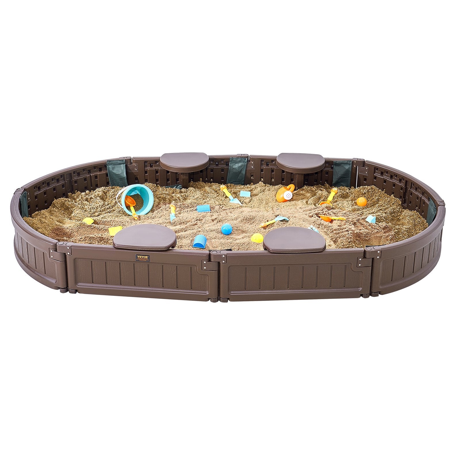 Sandbox with Cover 72x41.5x9.1 in Oval HDPE Sand Pit with Seating Brown