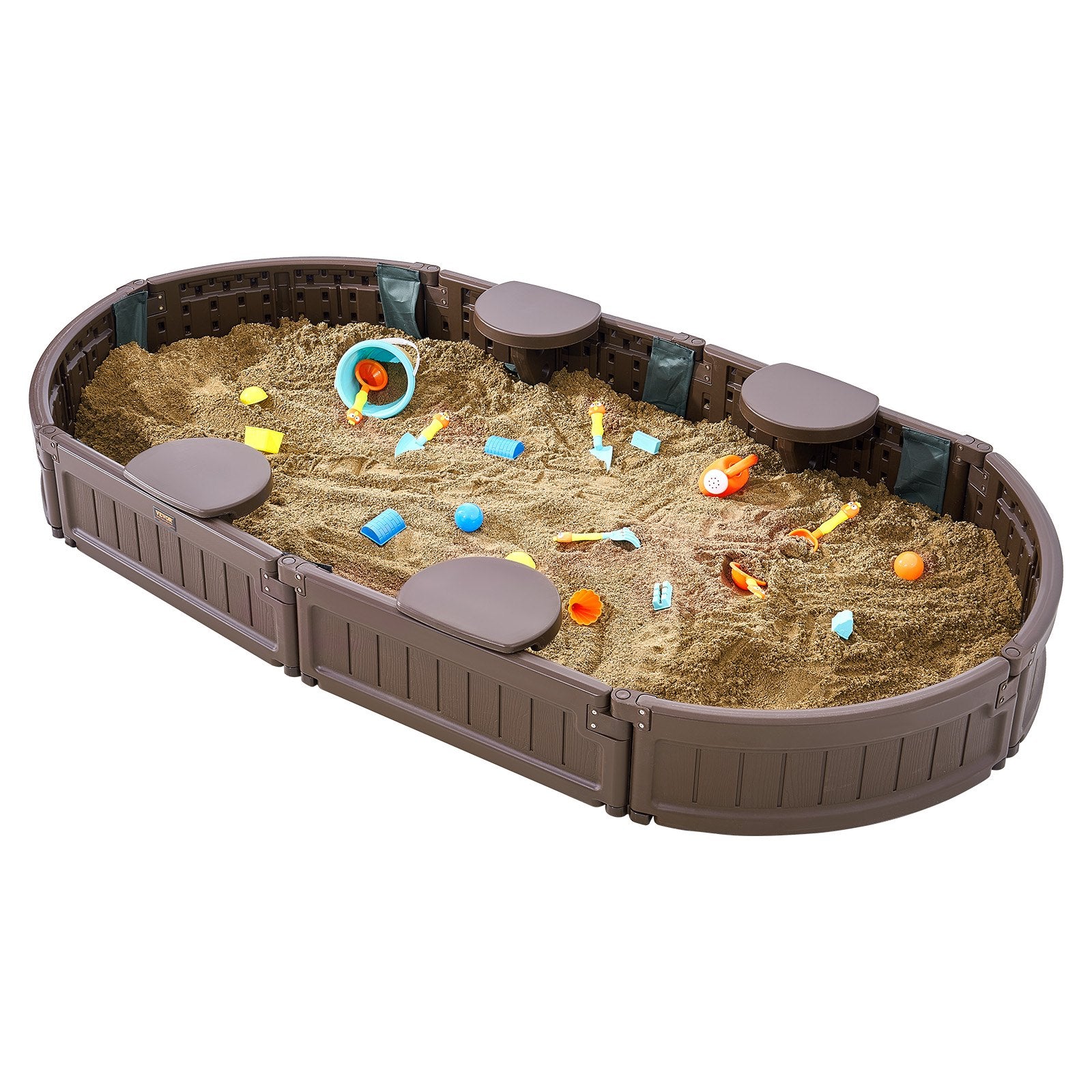 Sandbox with Cover 72x41.5x9.1 in Oval HDPE Sand Pit with Seating Brown
