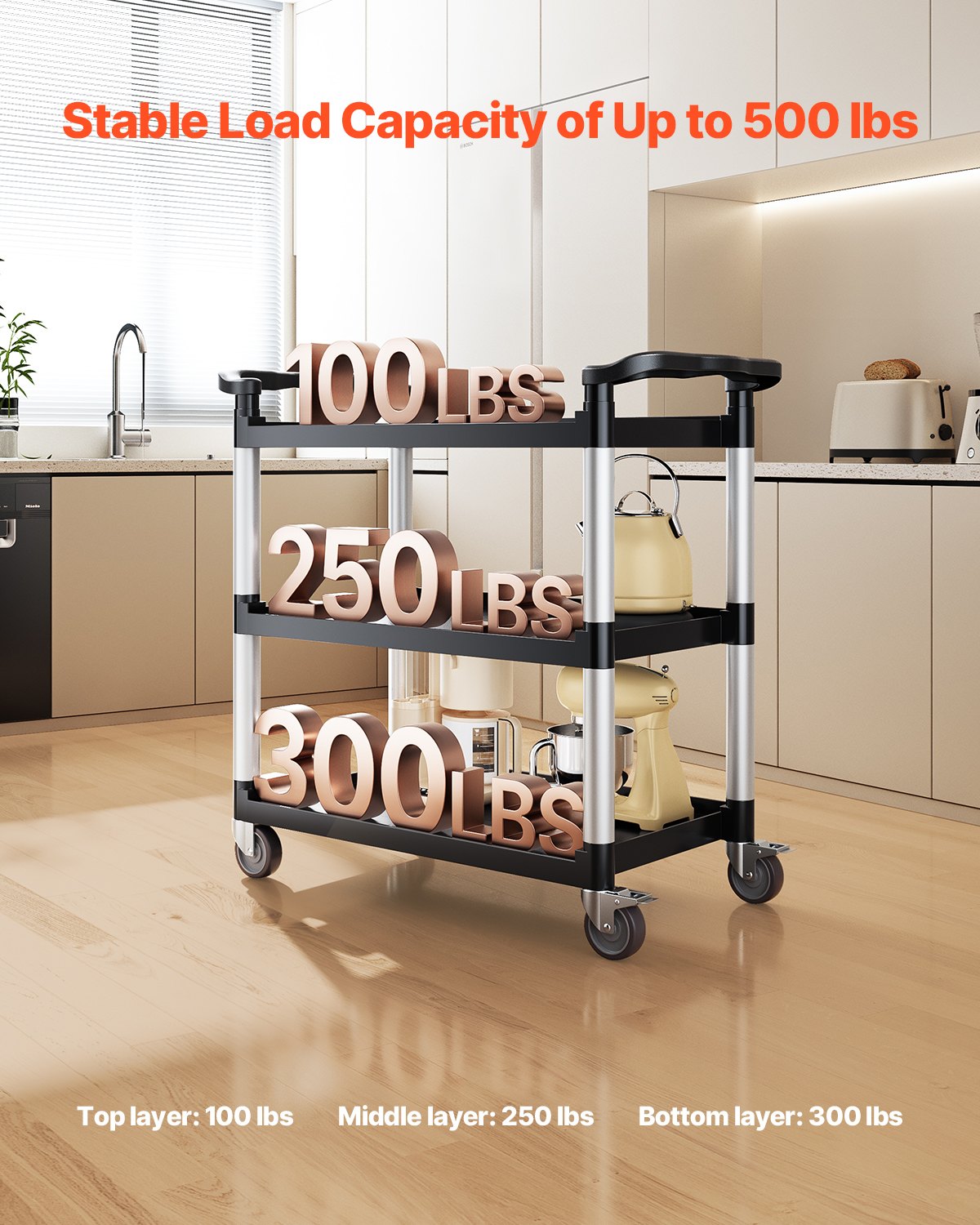 Utility Cart 3-Tier 500LBS 360 Degree Swivel Wheels for Home and Office