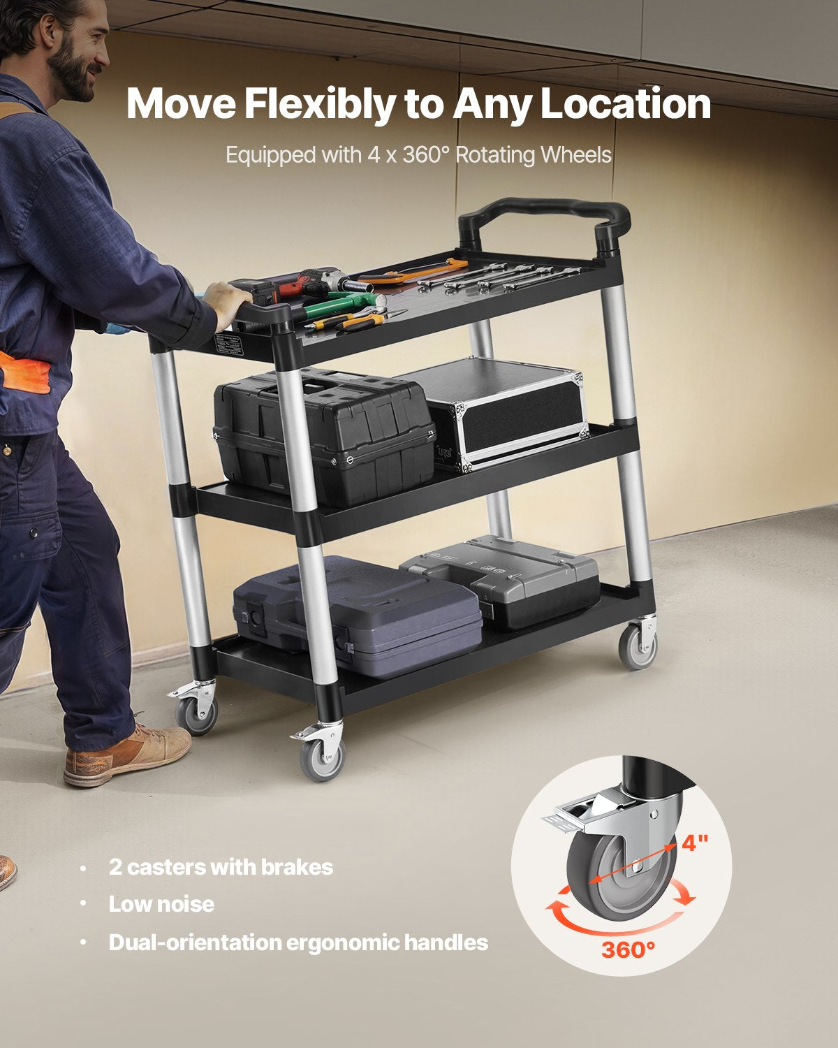 Utility Cart 3-Tier 500LBS 360 Degree Swivel Wheels for Home and Office