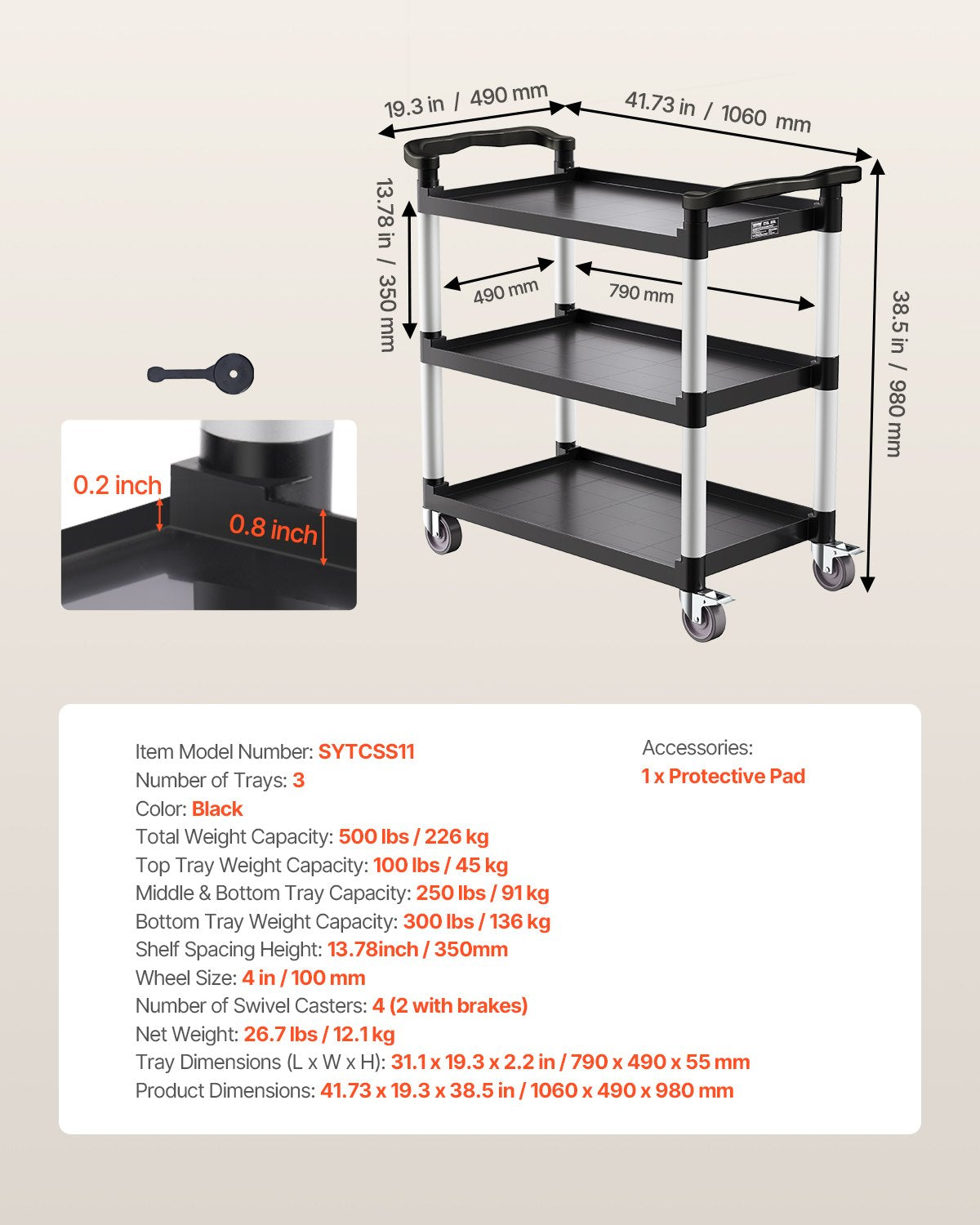 Utility Cart 3-Tier 500LBS 360 Degree Swivel Wheels for Home and Office