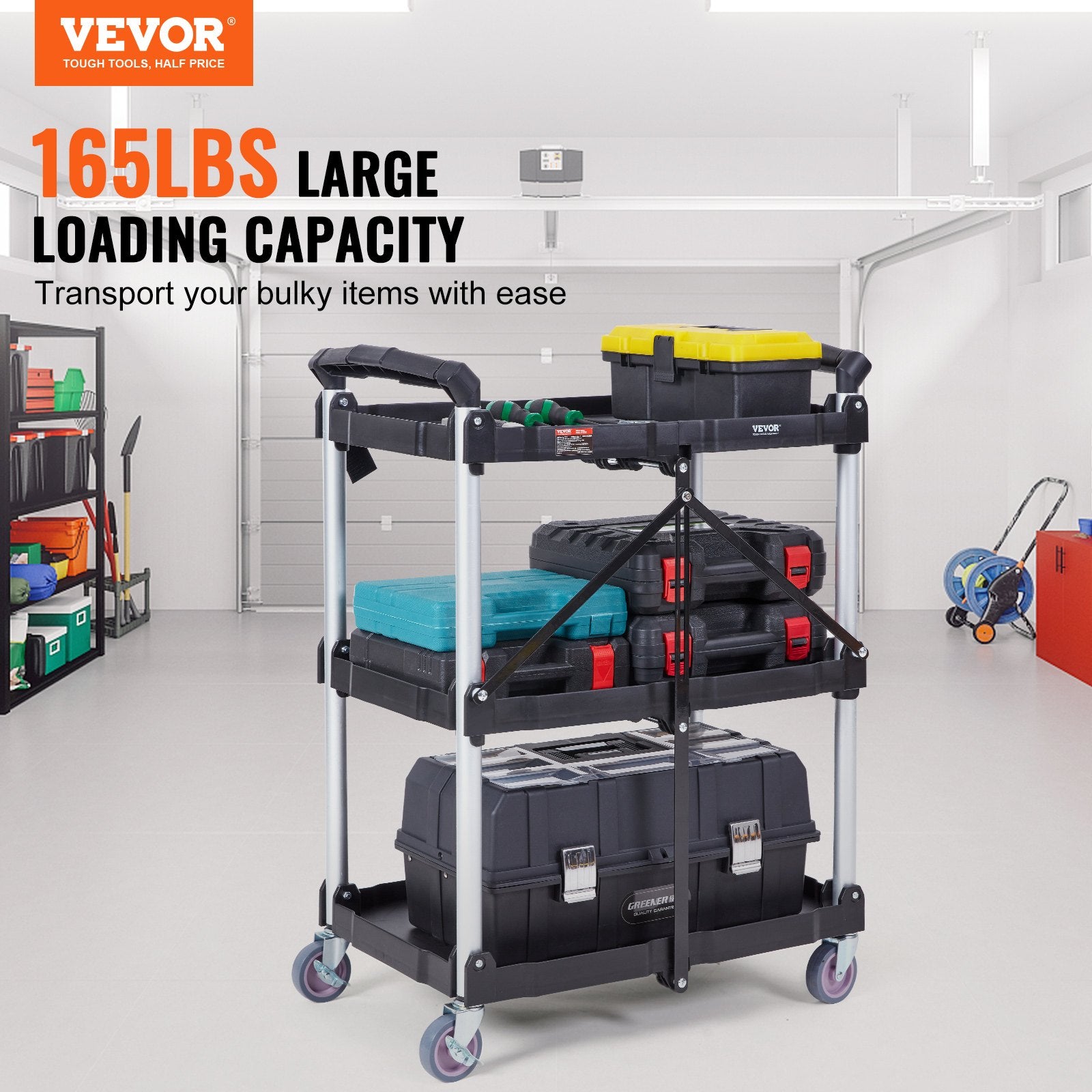 Foldable 3-Shelf Utility Service Cart 165lbs Heavy Duty Rolling Plastic Cart